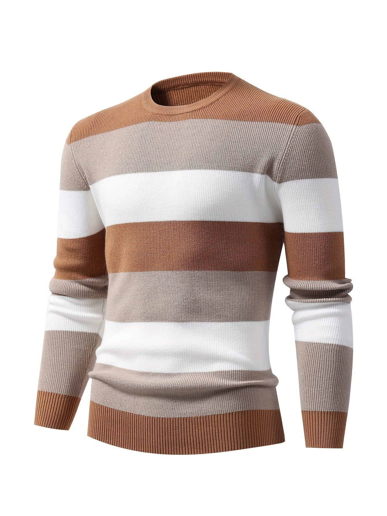 Mens Fashion Knitted Pullover - Stylish Color Blocked, Breathable Long Sleeve High Stretch Crew Neck Top for Urban Explorations, Leisurely Street Walks, Outdoor Activities, and Everyday Casual Wear