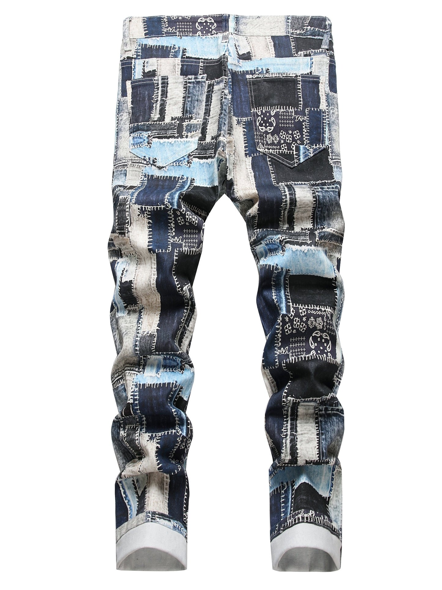 Men's Casual Slim Fit Jeans With Patchwork Design, Men's Versatile Street Style Denim Pants For All Seasons