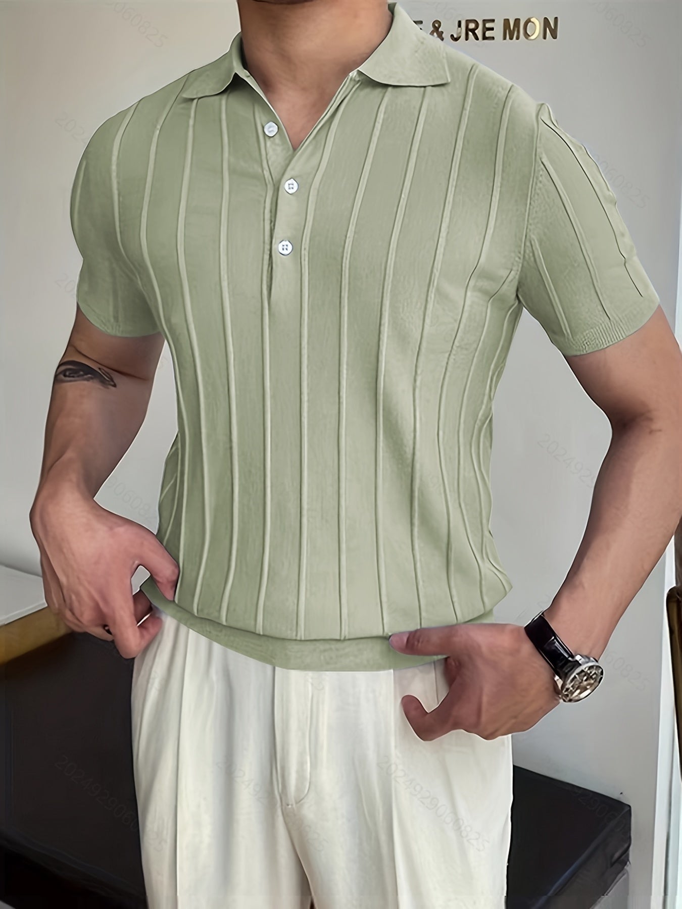 Vertical Striped Chic Shirt, Men's Casual Solid Color High Stretch V-Neck Pullover Sweater For Summer