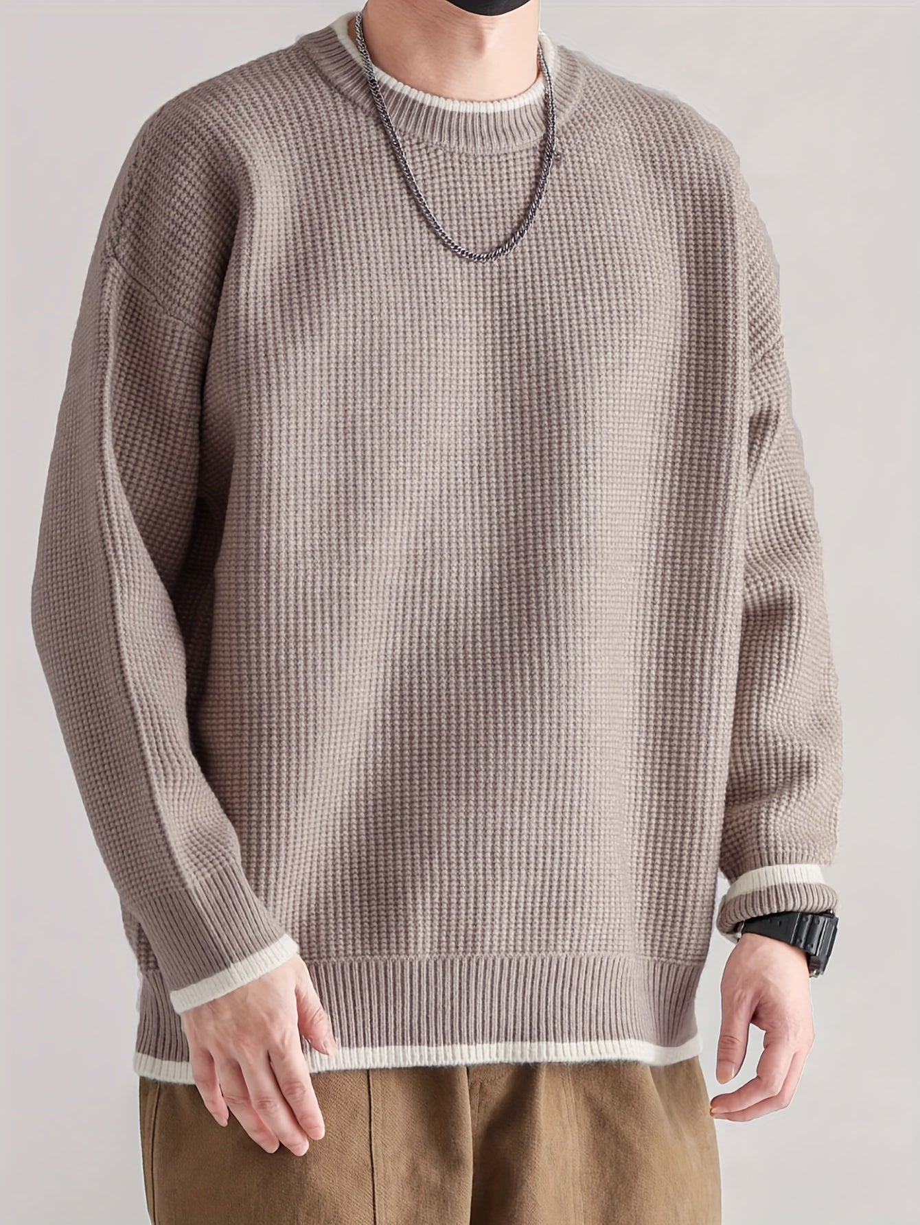 Two-piece Men's Fake Color Block Knitted Crew Neck Casual Long Sleeve Pullover Sweater for Fall Winter