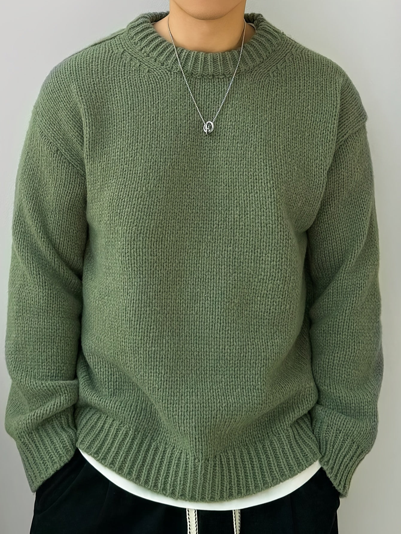 Men's Solid Knitted Pullover, Casual Long Sleeve Crew Neck Sweater For Fall Winter