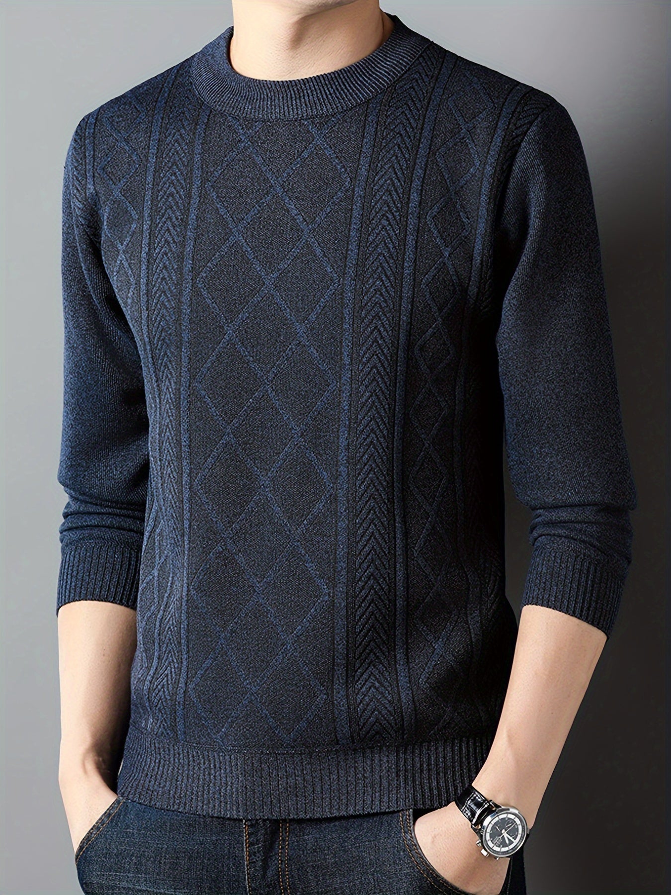 Men's Solid Knitted Pullover, Casual Long Sleeve Crew Neck Cable Knit Sweater For Fall Winter