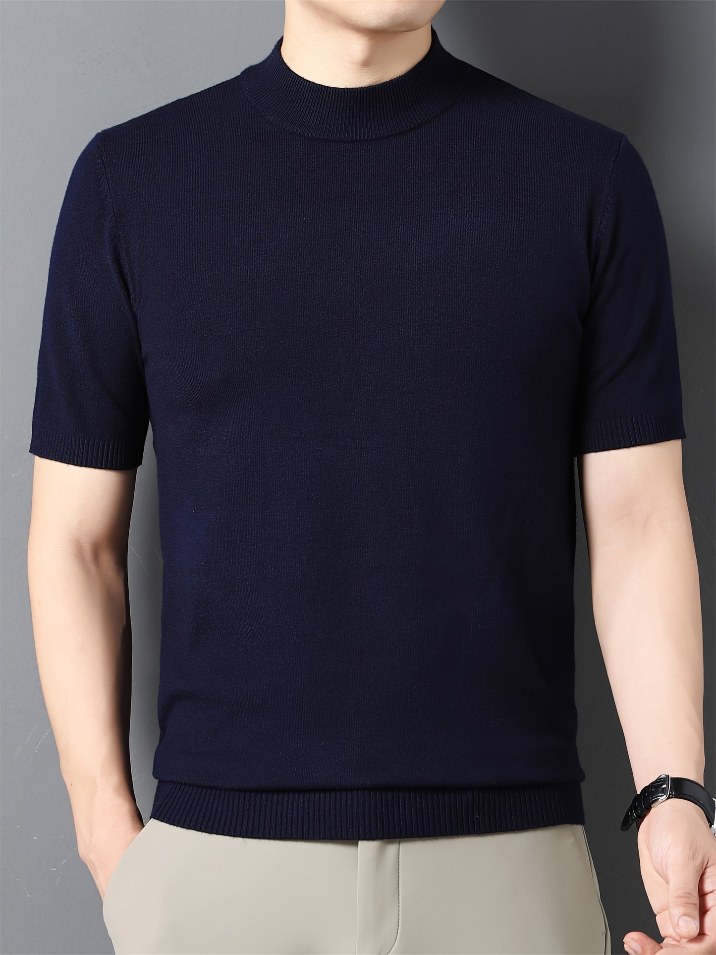 Men's Stylish Solid Knitted Pullover, Casual Breathable Short Sleeve Mock Neck Top For City Walk Street Hanging Outdoor Activities