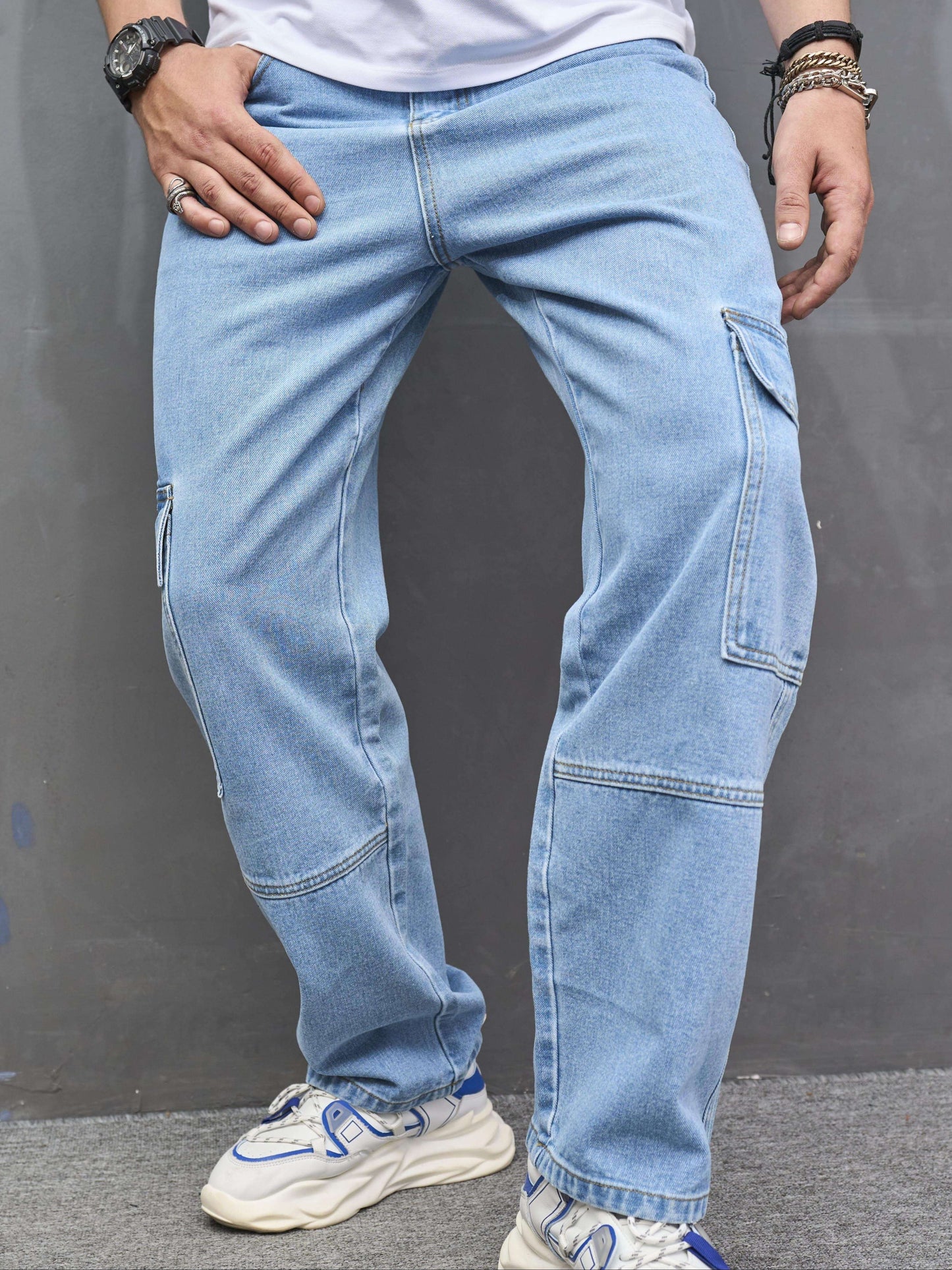 Men's Casual Fashion Multi-Pocket Cargo Jeans, Loose Fit Wide Leg Streetwear Denim Pants, Basic Style