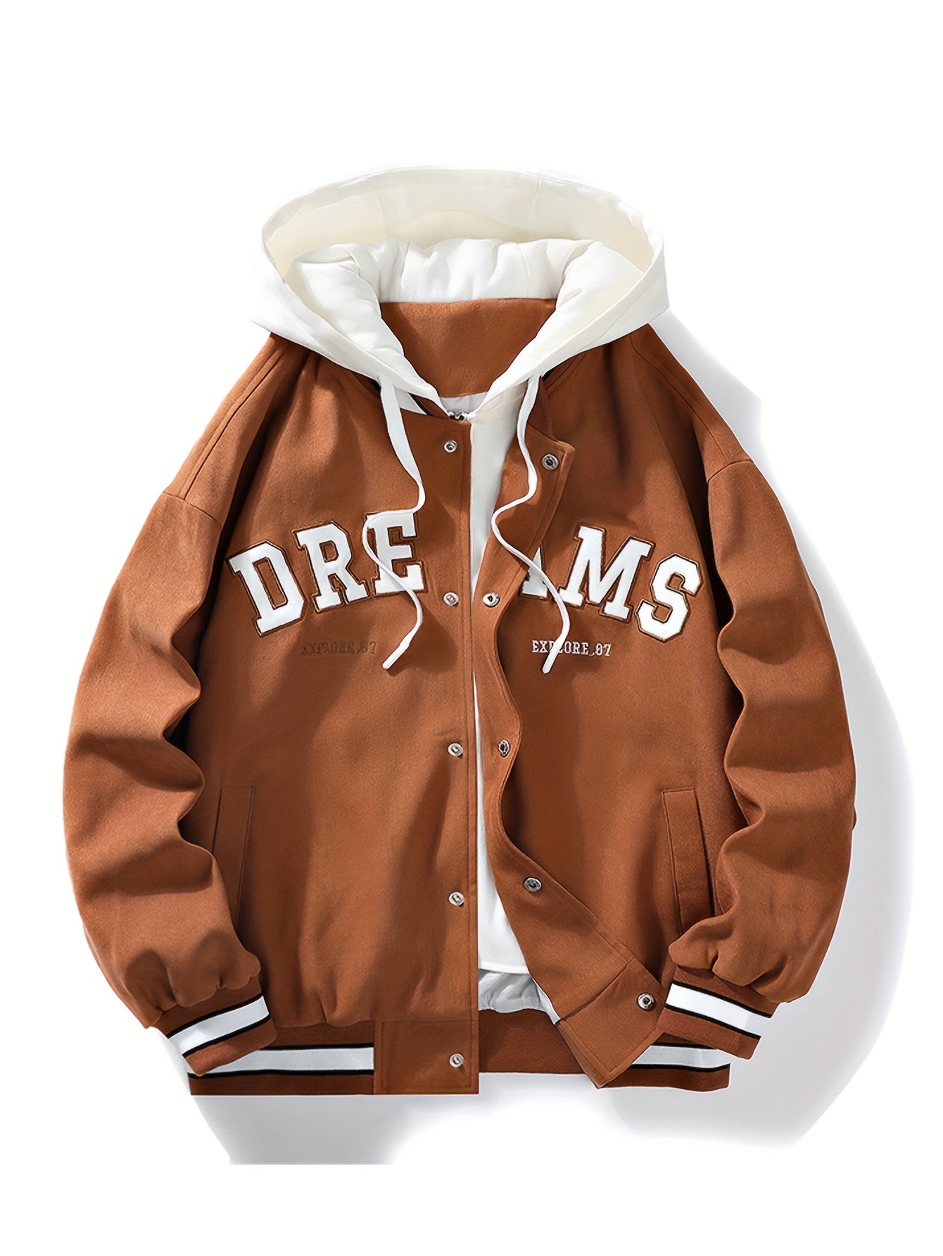 Men's Casual Hooded Varsity Jacket, Street Style Letter Print Jacket For School