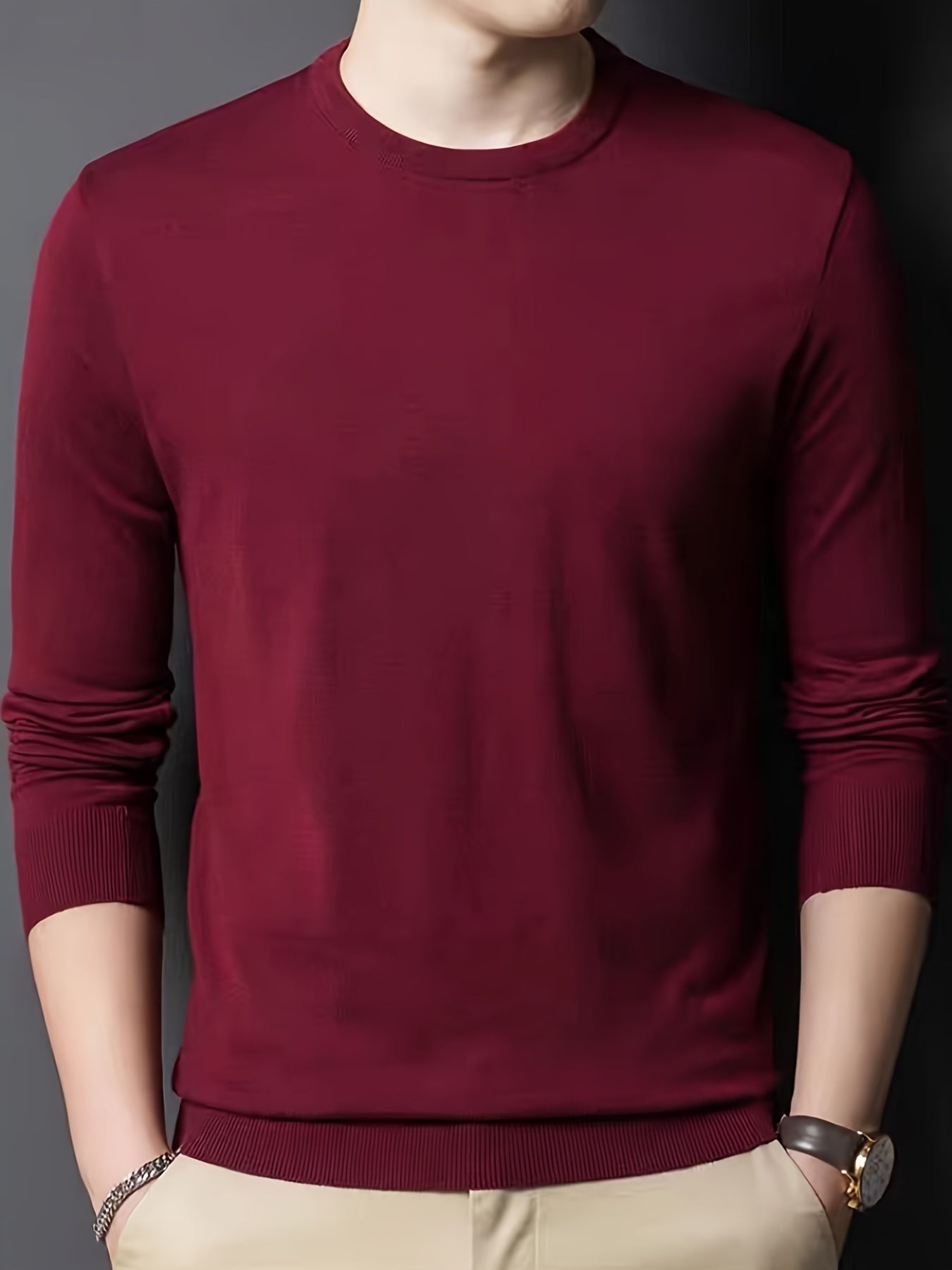 All Match Knitted Solid Sweater, Men's Casual Warm Slightly Stretch Crew Neck Pullover Sweater For Men Fall Winter