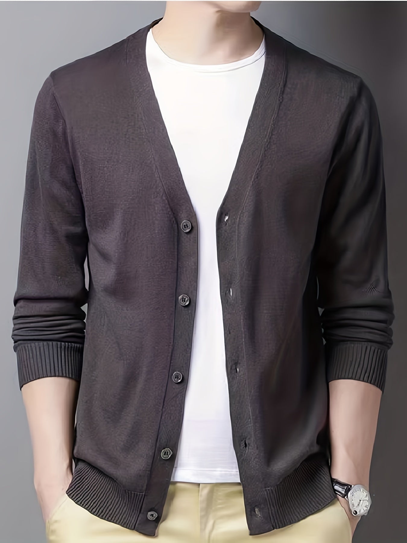 Men's V-neck Casual Cardigan, Plain Thermal Regular Fit Knit Sweater For Spring Autumn