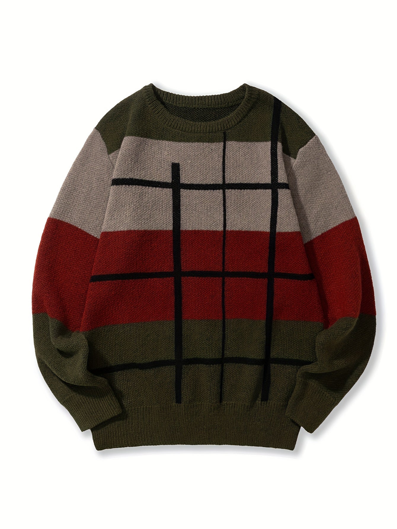 All Match Knitted Color Block Sweater, Men's Casual Warm Slightly Stretch Crew Neck Pullover Sweater For Men Fall Winter