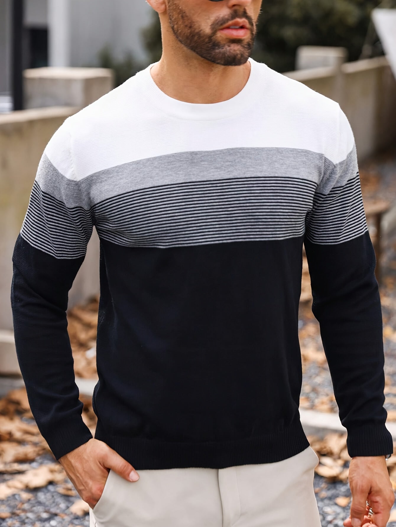 Men's Classic Color Block Stripe Knit Crew Neck Long Sleeve Sweater - Soft, Breathable, and Warm Outerwear for Daily Wear - Perfect for Casual Occasions and Outdoor Activities