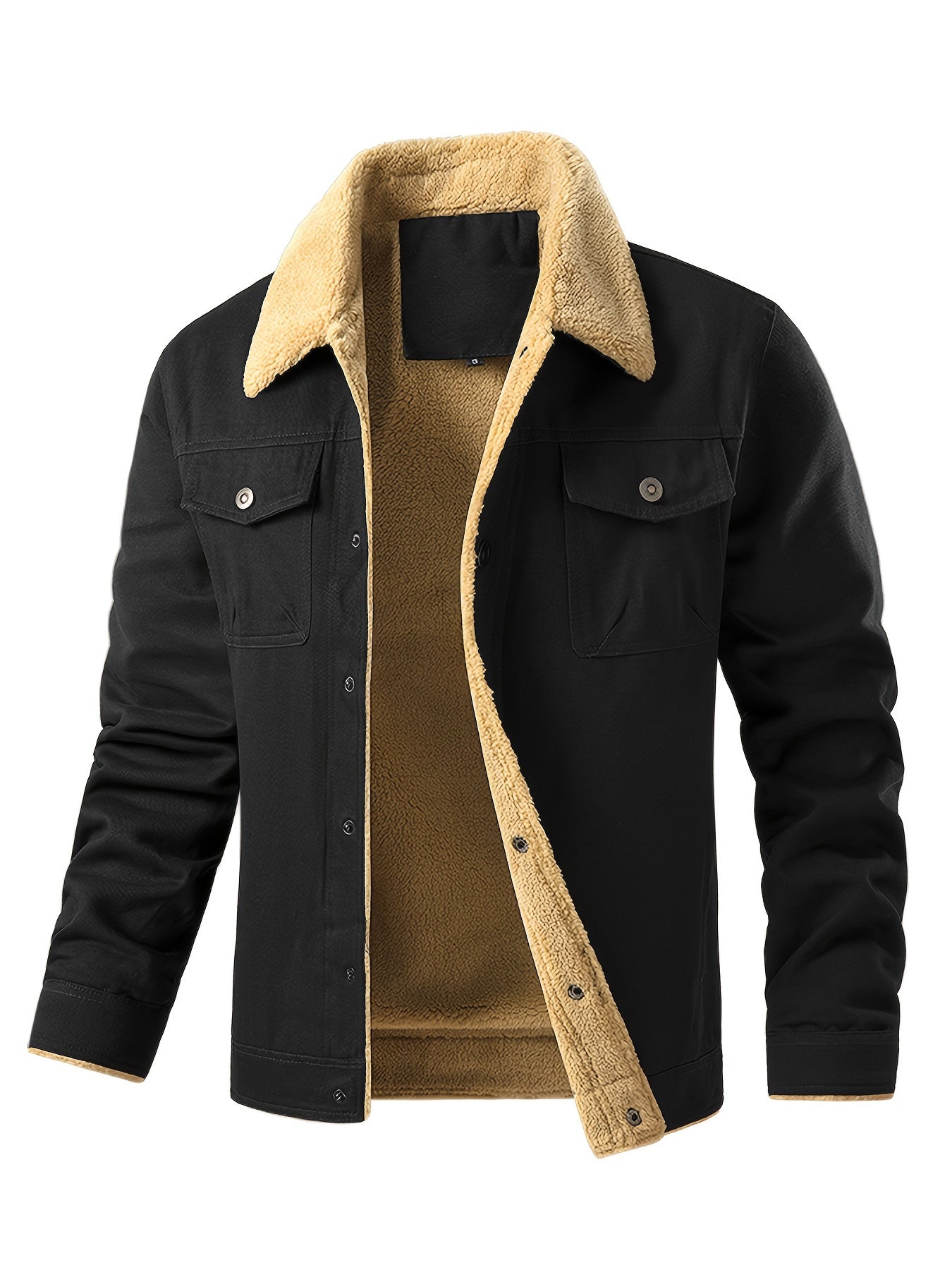 Stylish Men's Fleece-Lined Cotton Jacket - Soft Sherpa Collar, Button-Up Closure, Multiple Functional Pockets for Casual Workwear, Outdoor Activities, and Daily Wear - Premium Quality, Comfortable, and Versatile Outerwear