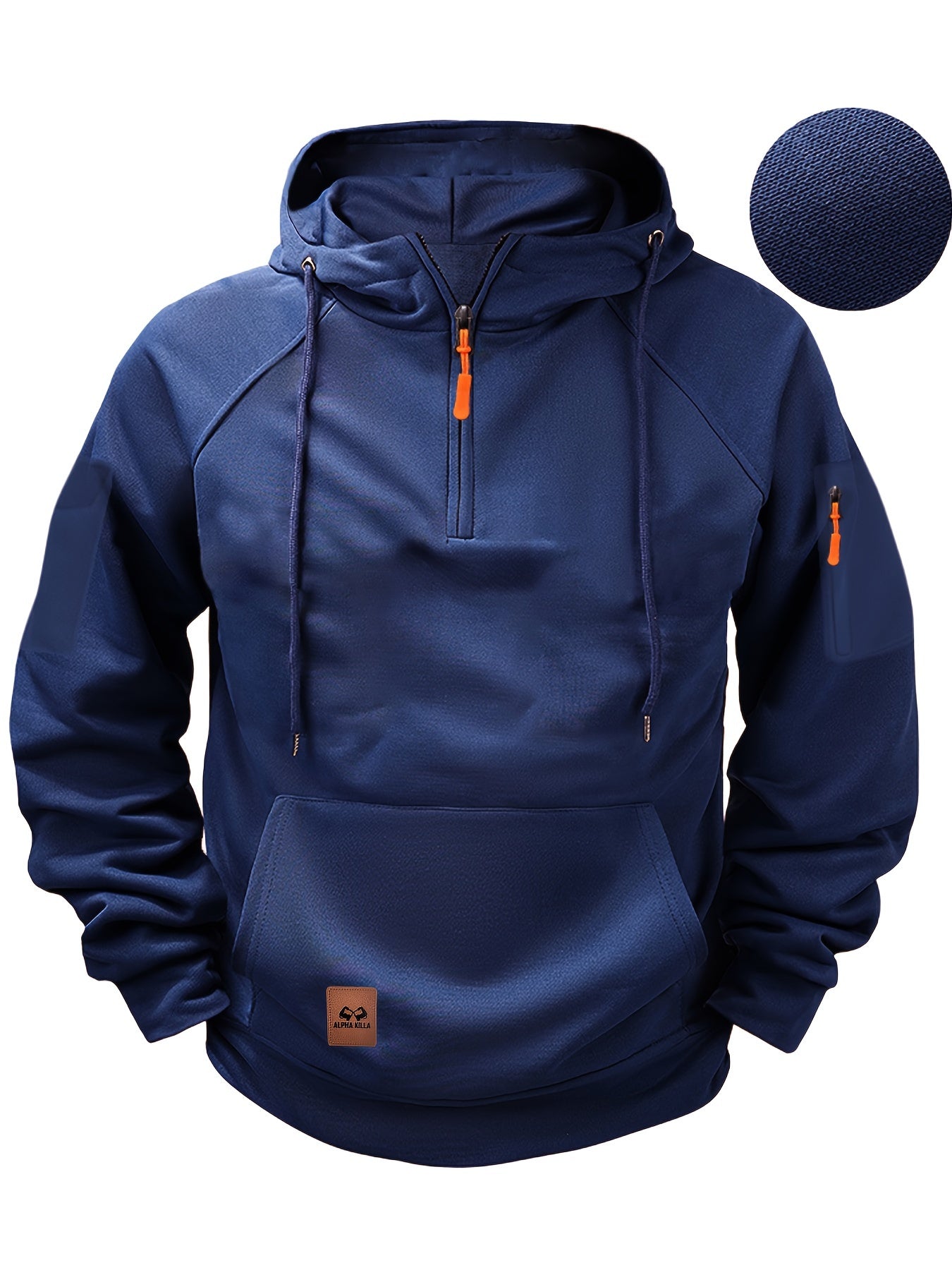 Men's Polyester Henley Hooded Sweatshirt with Pockets, 100% Polyester Knit Fabric, Long Sleeve Solid Color Sports Pullover, Regular Fit Casual Top for Spring/Fall