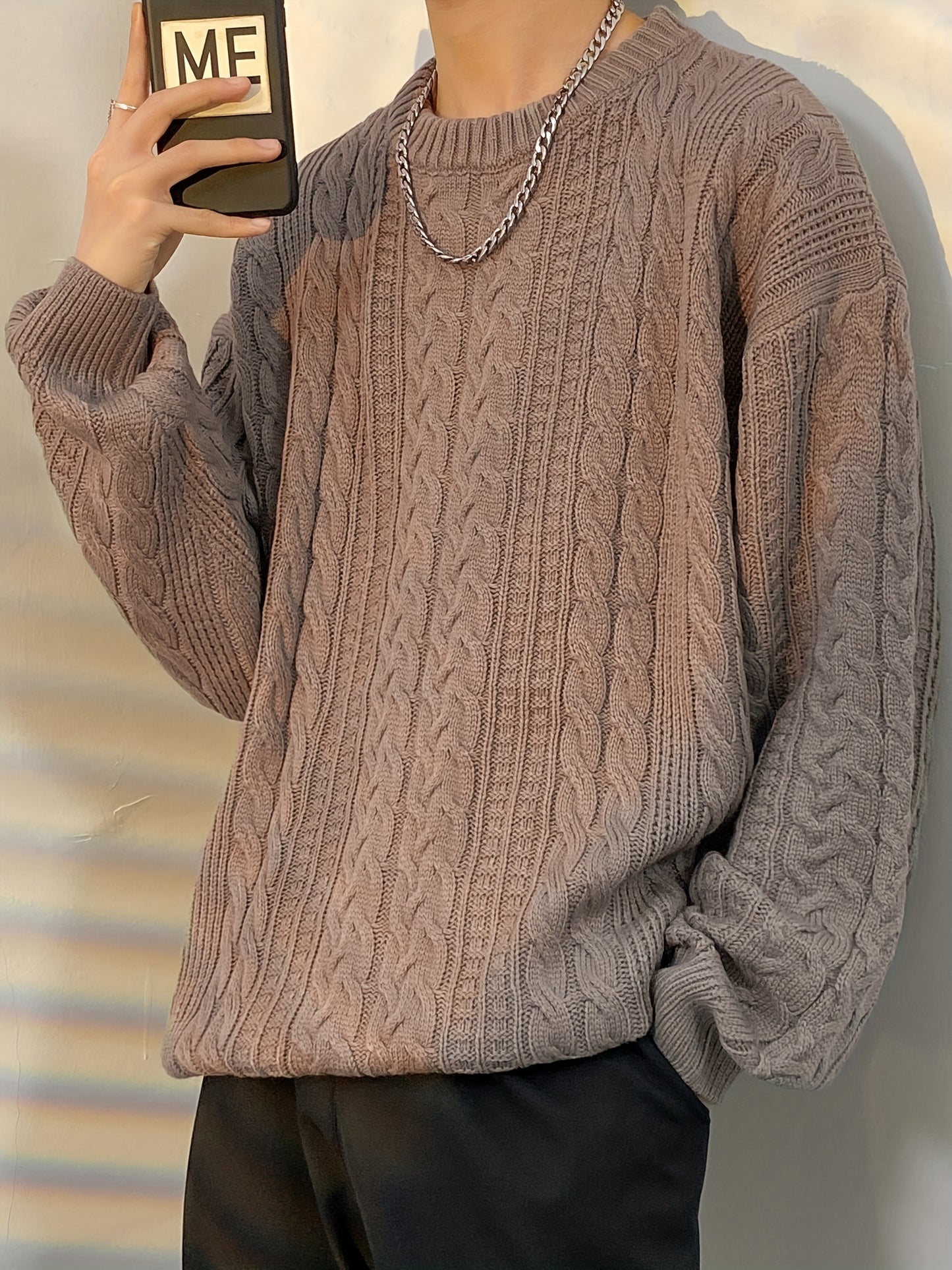 Men's Stylish Solid Twist Knitted Pullover, Casual High Stretch Breathable Long Sleeve Crew Neck Top For City Walk Street Hanging Outdoor Activities, K-pop