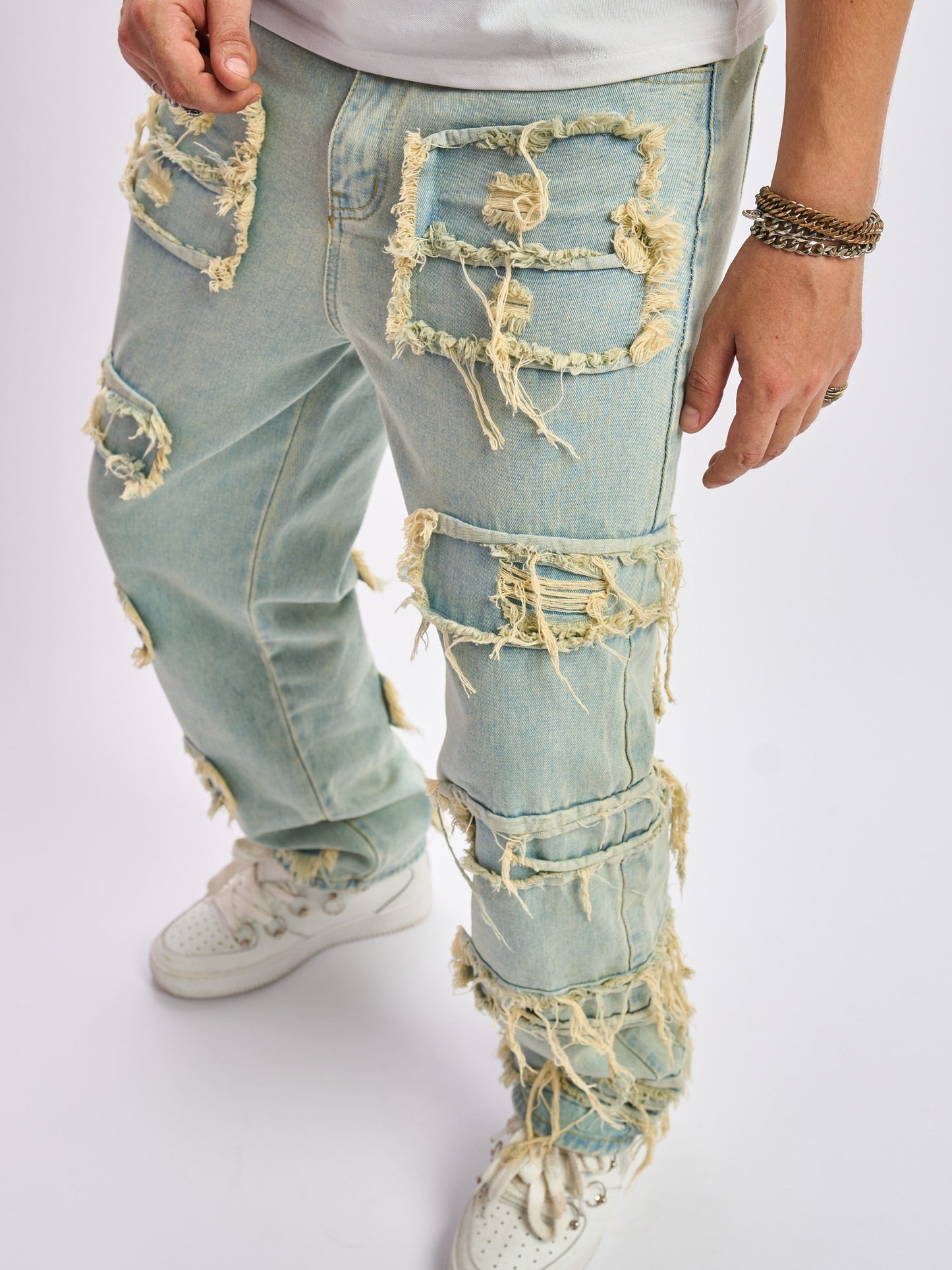 Men's Vintage Distressed Denim Jeans, Loose Fit Fringe Detailed Wide Leg Pants, Hip-Hop Street Style