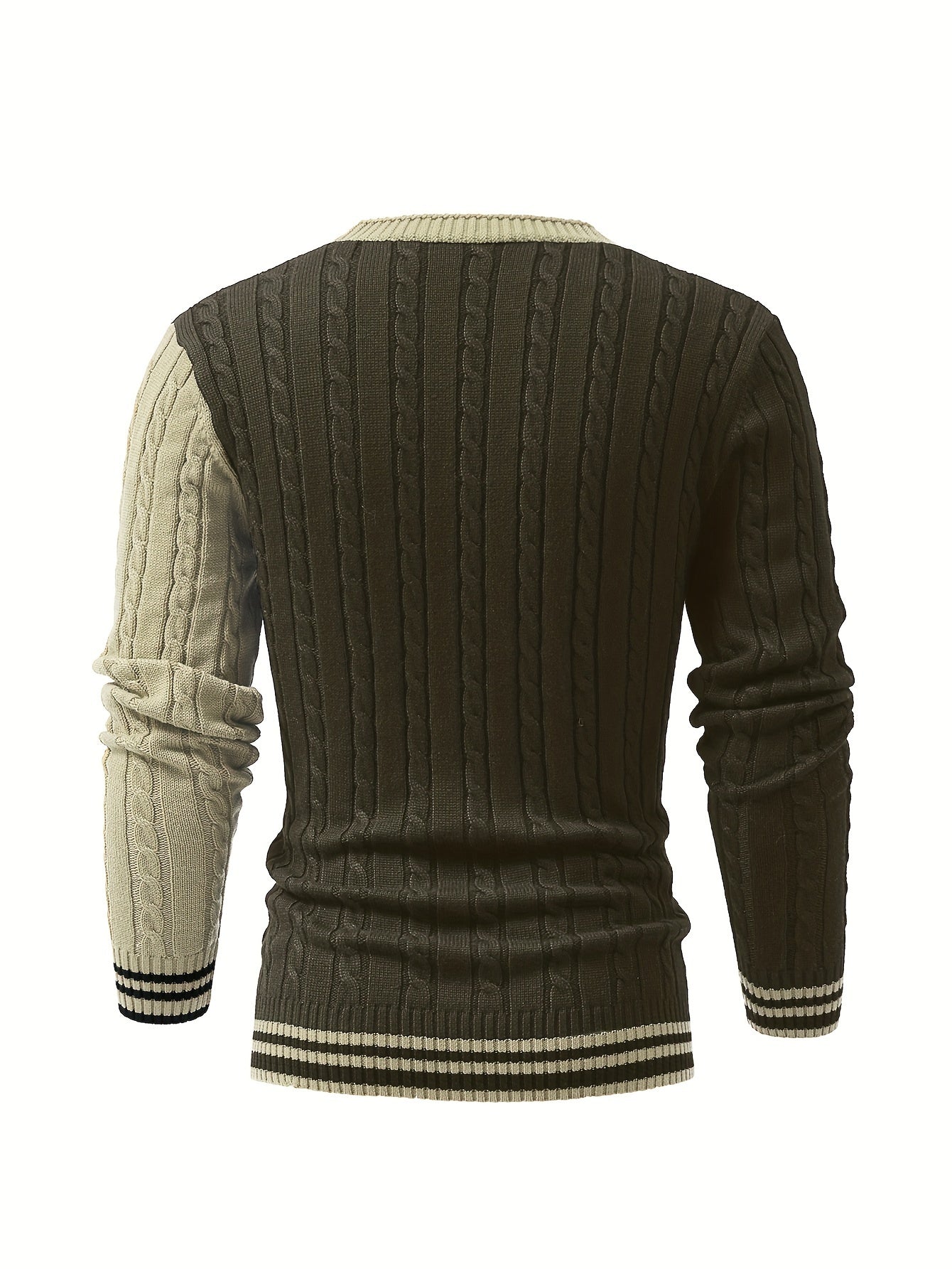 Men's Stylish Color Matching Knitted Pullover, Casual Breathable Long Sleeve V Neck Button Up Top For City Walk Street Hanging Outdoor Activities