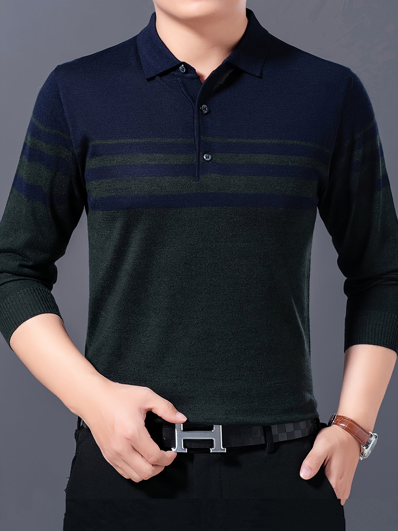 Men's Stylish Striped Sweater, Casual Mid Stretch Breathable Long Sleeve Shirt Top For City Walk Street Hanging