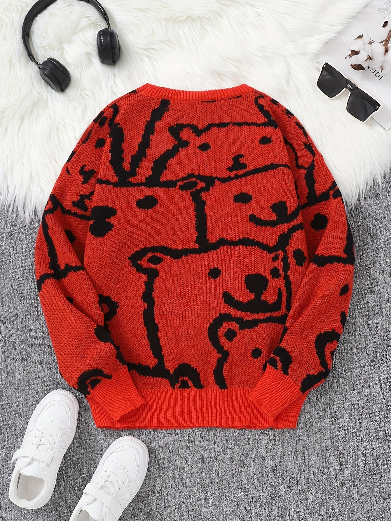 Cute Knit Animal Pattern Sweater - Soft, Warm, Slightly Stretchy Crew Neck Pullover for Men - Perfect for Fall and Winter Casual Wear, Cozy and Comfortable