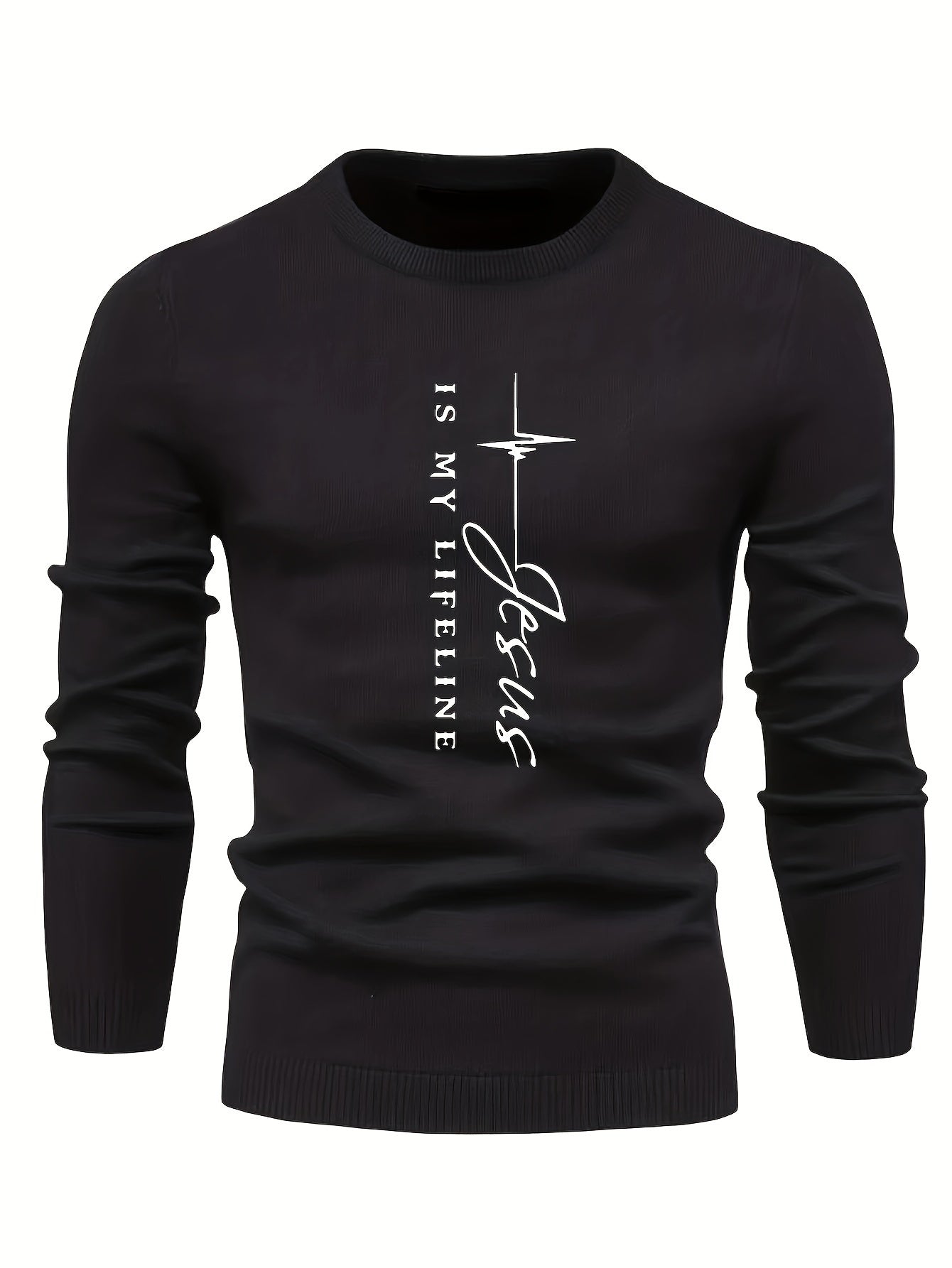 Christian Themed Letter Print Men's Casual Stretch Long Sleeve Knitted Round Neck Sweater, Spring Fall Pullover Top