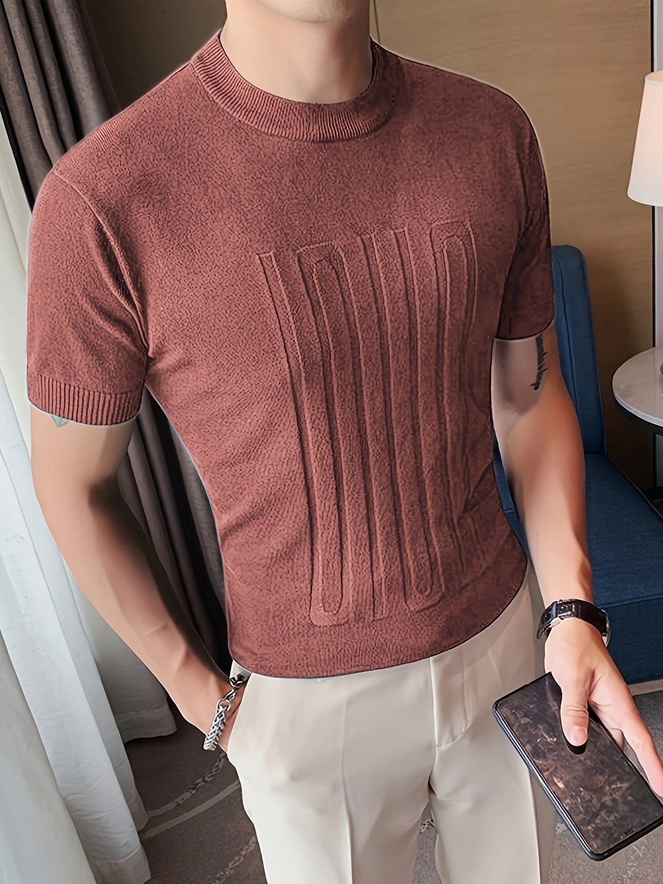 Chic Knit Short Sleeve Shirt, Men's Casual Mid Stretch Crew Neck Pullover Sweater For Spring Fall