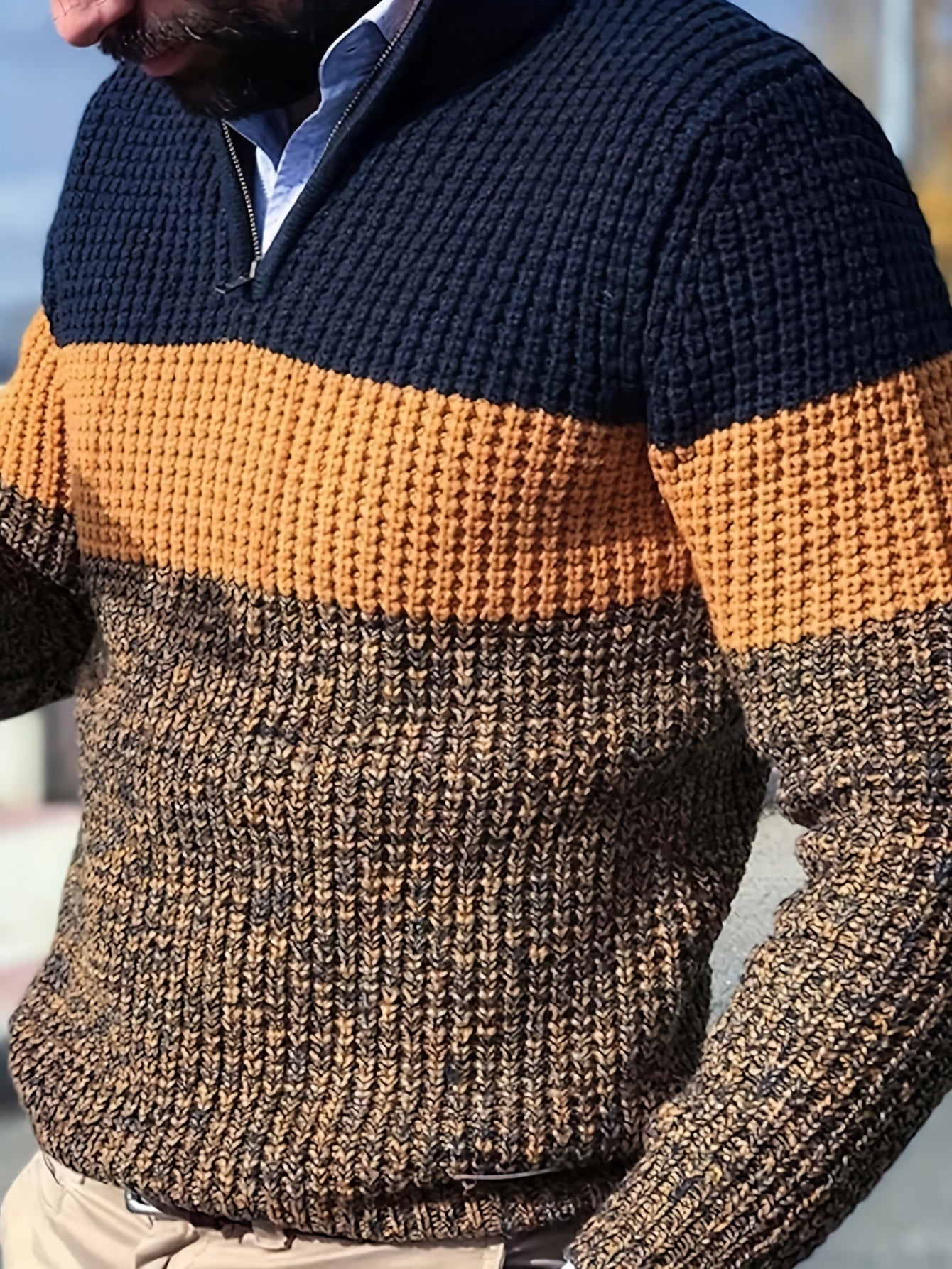 All Match Knitted Color Block Sweater, Men's Casual Warm Slightly Stretch V Neck Pullover Sweater For Men Fall Winter