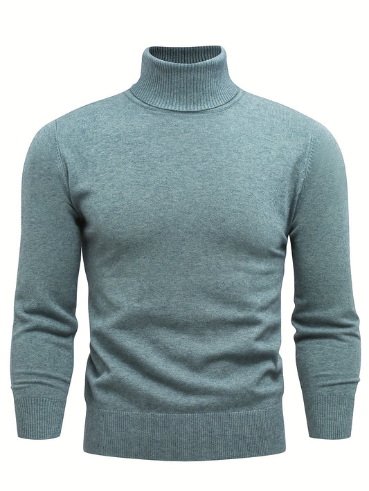 Men's Knitted Sweater, Casual Warm Mid Stretch Solid Turtleneck Pullover Sweater For Fall Winter