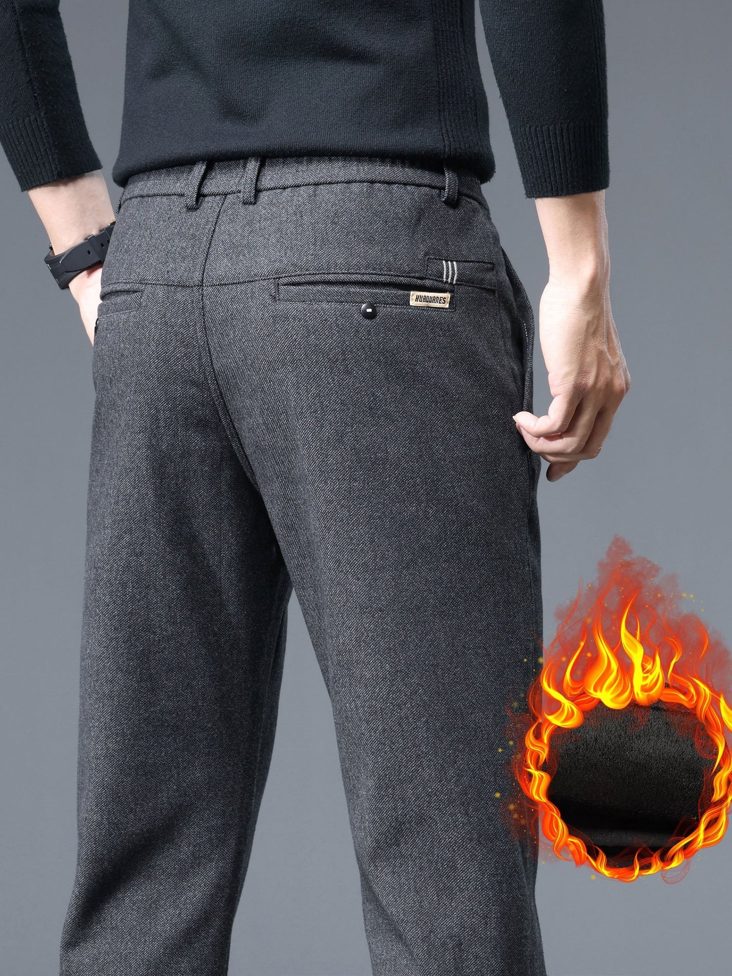 Men's Thermal Padded Slim Fit Trousers, Winter Woolen Men's Pants, Korean Style Business Casual, Polyester Blend, Regular Length, Zipper Closure, Straight Leg, Mid-Waist, Embroidery Detail