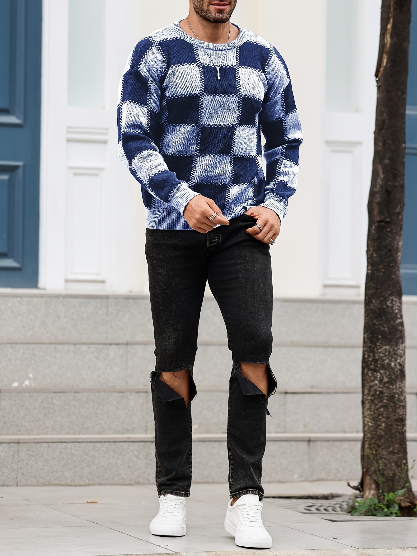 Men's Color Blocking Textured Checked Print Casual Trendy Sweater, Long Sleeve Pullover As Gift For Fall And Winter