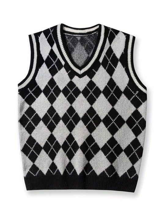 Rhombus Pattern High Stretch Knitted Vest, Men's Casual Vintage Style V Neck Vest For Fall Winter, K-pop