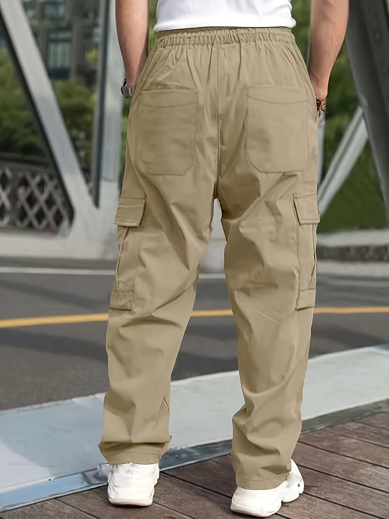 Mens Cargo Pants with Elastic Drawstring - Spacious Pockets, Loose Fit & Trendy Solid Color - Perfect for Casual Style