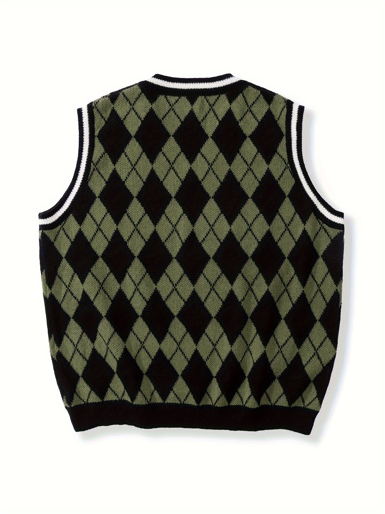 Rhombus Pattern High Stretch Knitted Vest, Men's Casual Vintage Style V Neck Vest For Fall Winter, K-pop