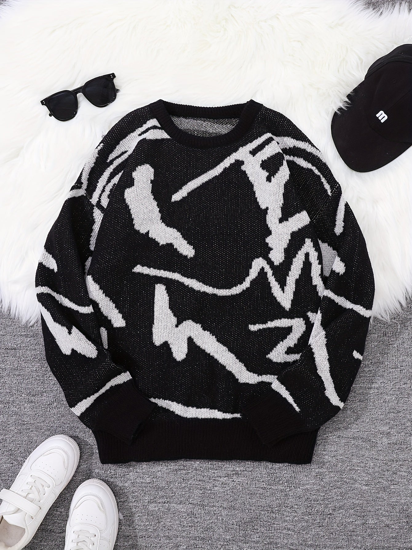 Chic Design Men's Graffiti Style Graphic Pattern Crew Neck Long Sleeve Knit Sweater, Casual And Trendy Tops For Spring And Autumn Daily Wear