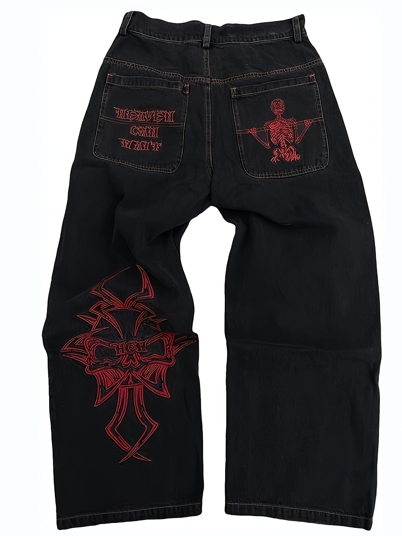 Mens Skeleton Embroidered Jeans - Cotton Blend, Ultra-Loose & Baggy, Pockets, Street Chic Style - A Fashionable Gift for Him