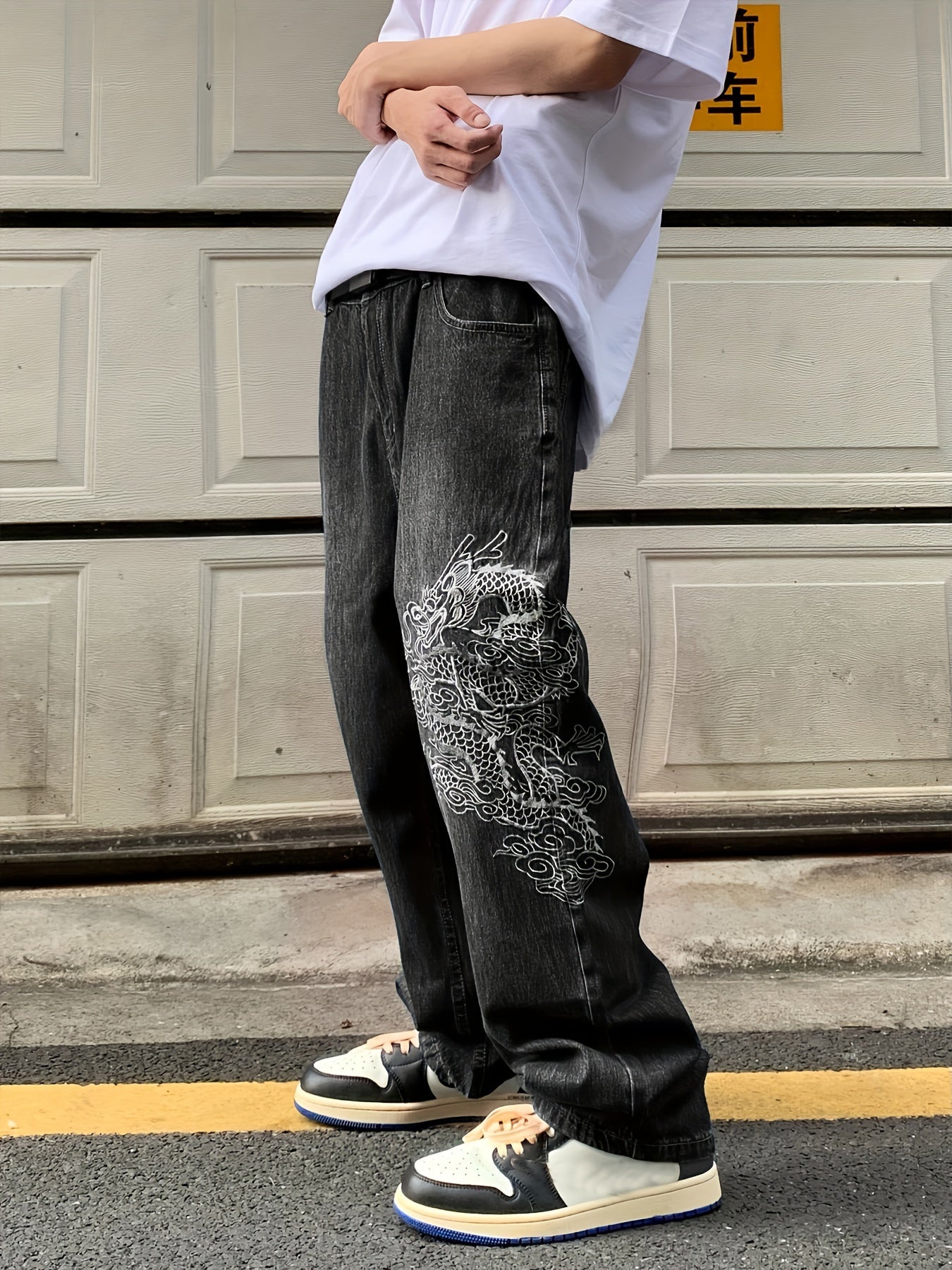 Dragon Embroidery Baggy Jeans, Men's Casual Street Style Wide Leg Denim Pants