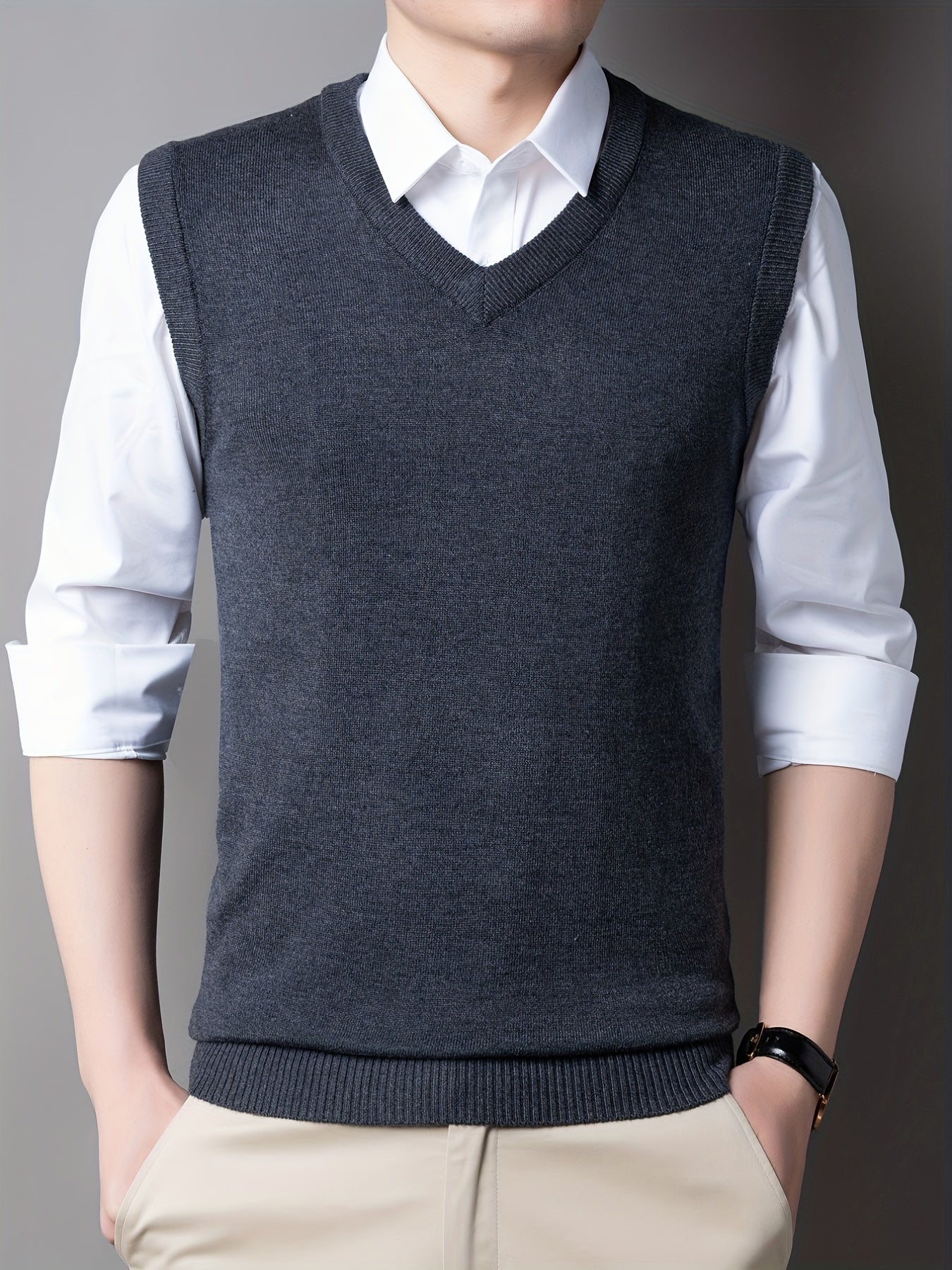 Casual Knitted Pullover, V-neck Sleeveless Thermal Jacket, Wool Vest, Men's Tank Top For Autumn And Winter