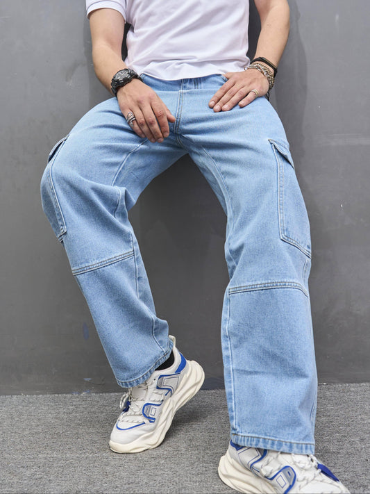 Men's Casual Fashion Multi-Pocket Cargo Jeans, Loose Fit Wide Leg Streetwear Denim Pants, Basic Style