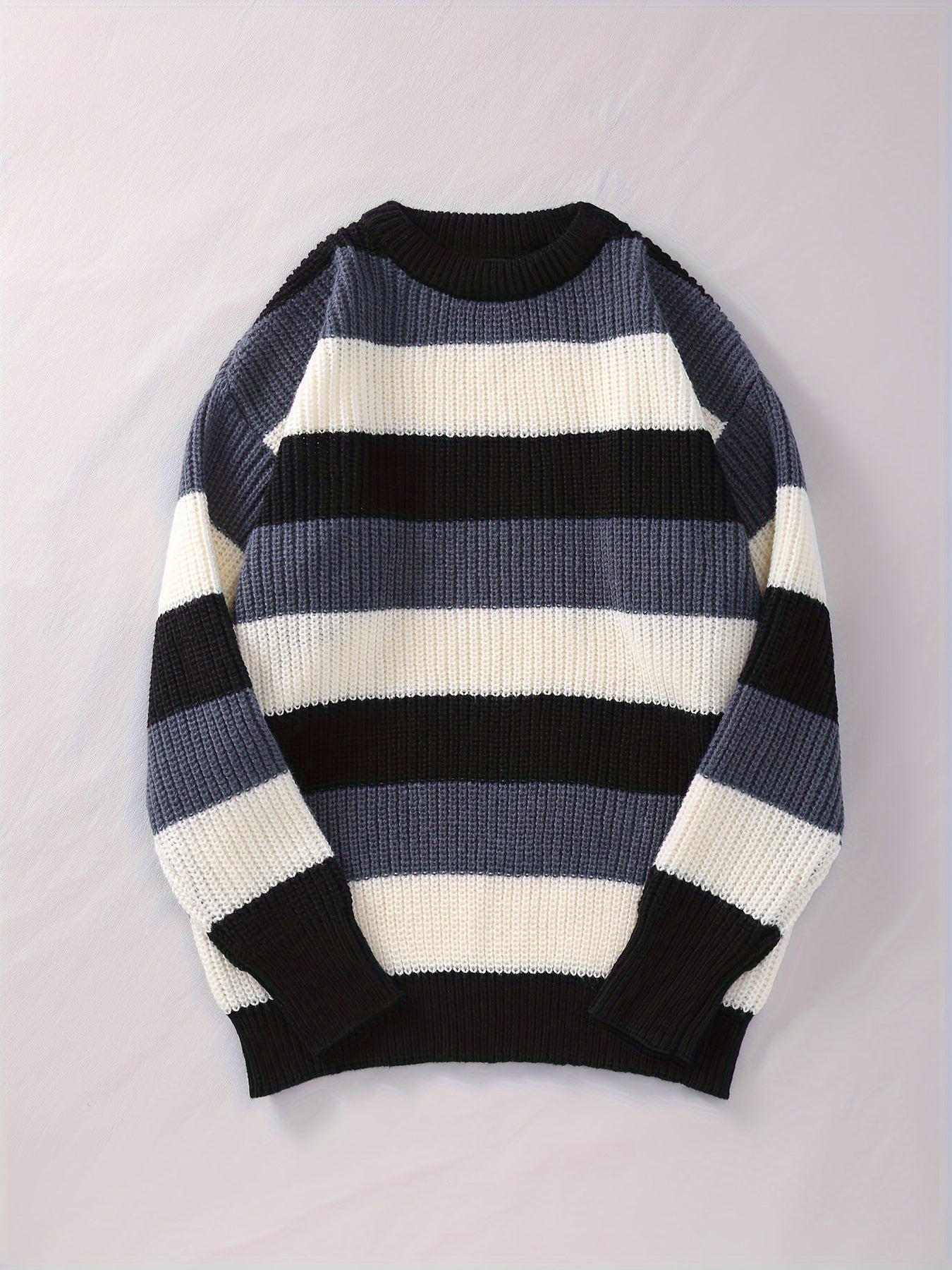 Chic Striped Knitted Sweater, Men's Casual Warm Stretch Round Neck Long Sleeve Pullover Sweater For Fall Winter