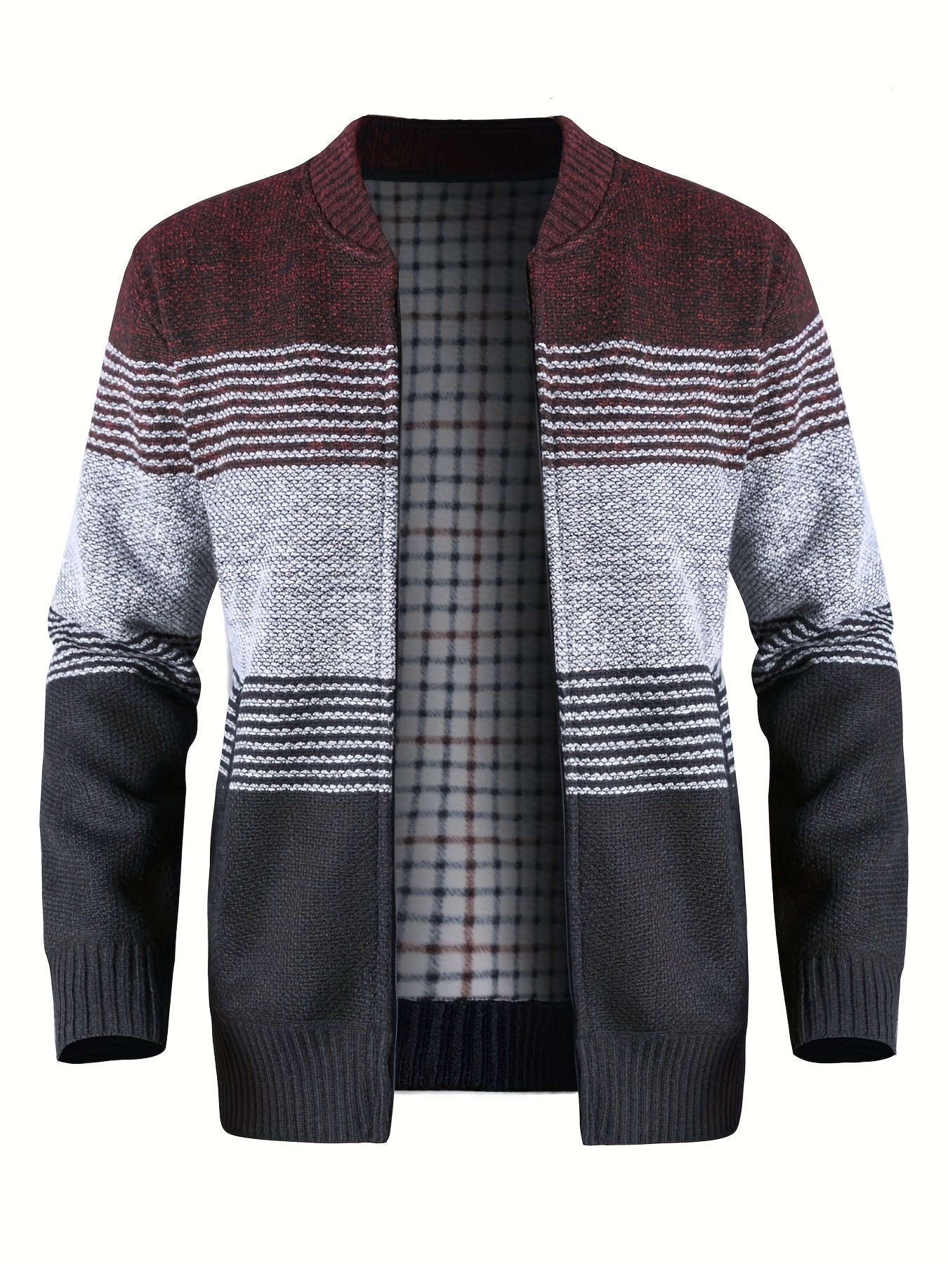 Color Block Warm Zip Up Jacket Sweater, Men's Casual Stand Collar Mid Stretch Cardigan For Fall Winter