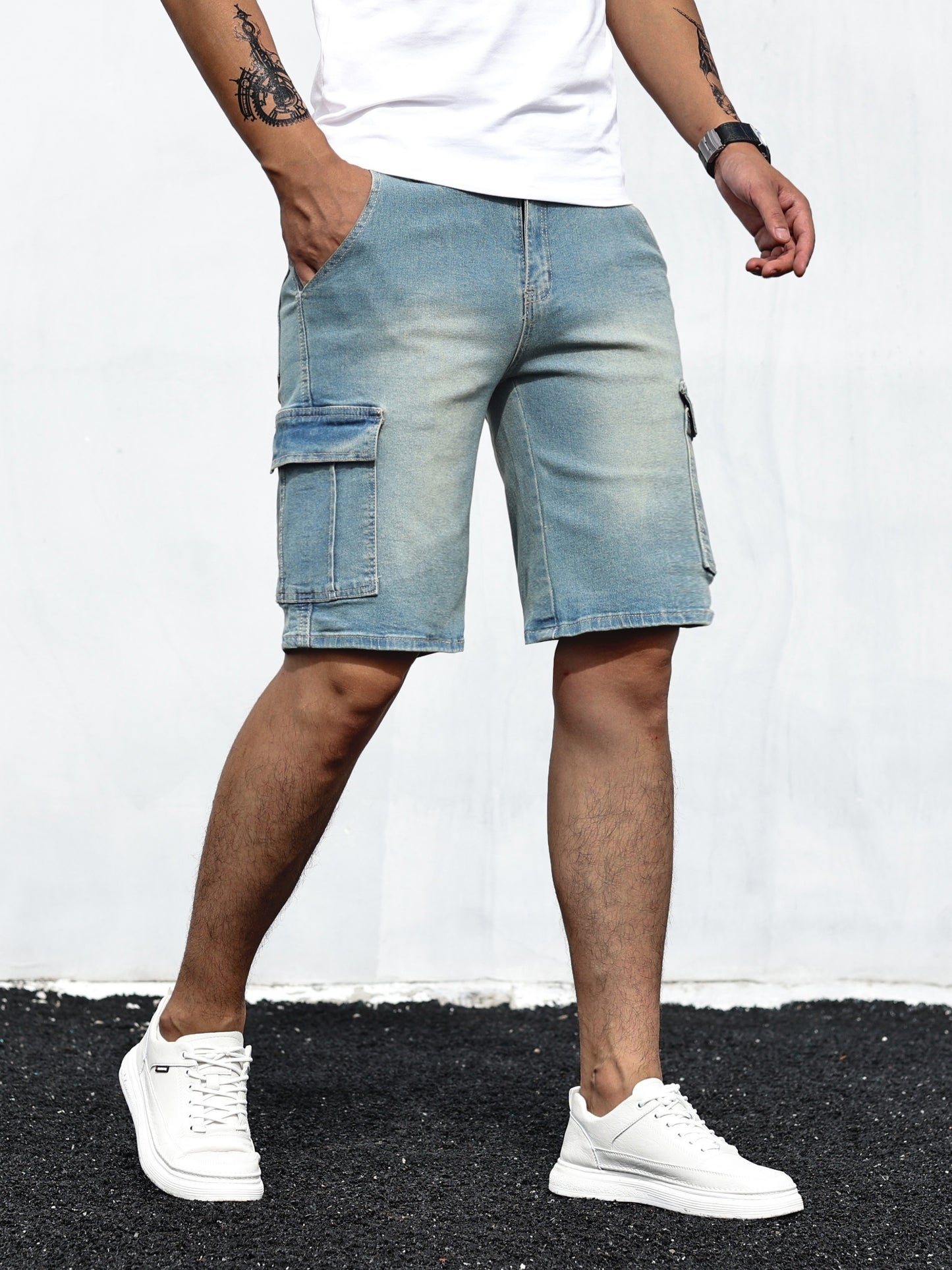 Men's Solid Cotton Blend Denim Jorts With Side Pockets Design, Chic Street Style Summer Bottoms For Men