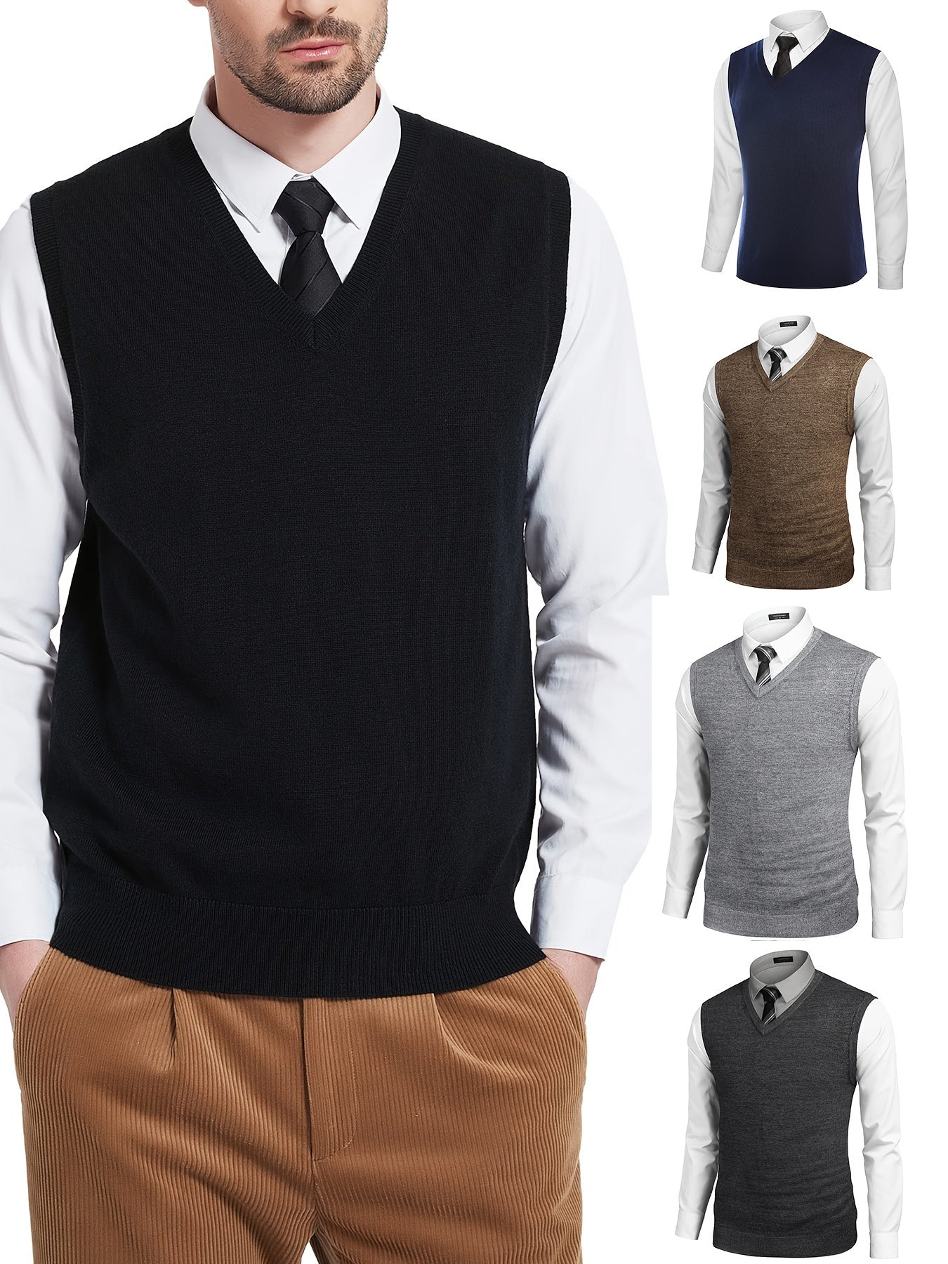 Men's V-neck Solid Casual Cotton Sleeveless Knitted Sweater Vest, Men's Clothing For Autumn Winter