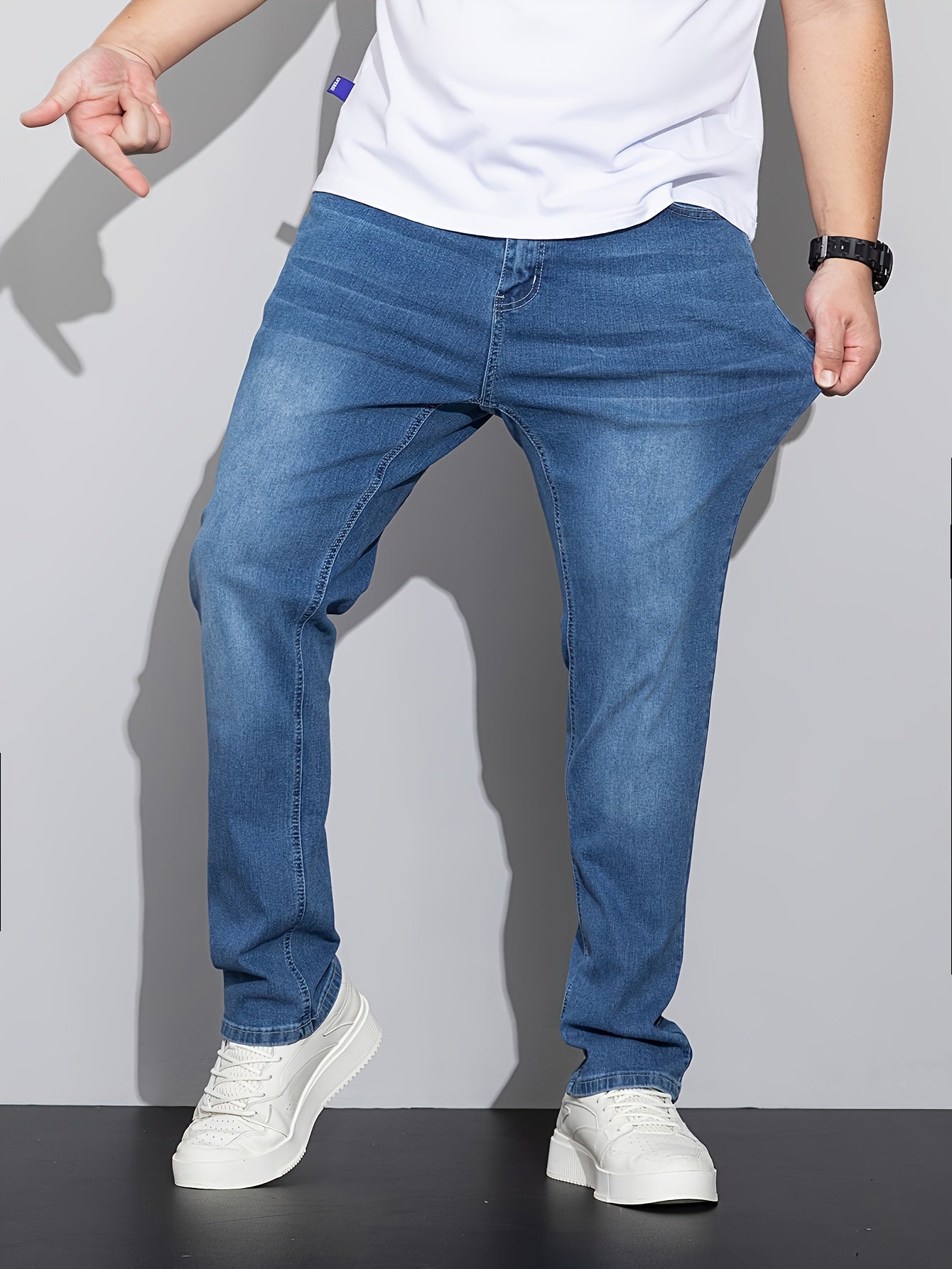 Plus Size Men's Fashionable Solid Denim Pants - Trendy Casual Street Style Jeans with Comfortable Fit, Stretchy Fabric, and Classic Five-Pocket Design for Spring and Fall Seasons