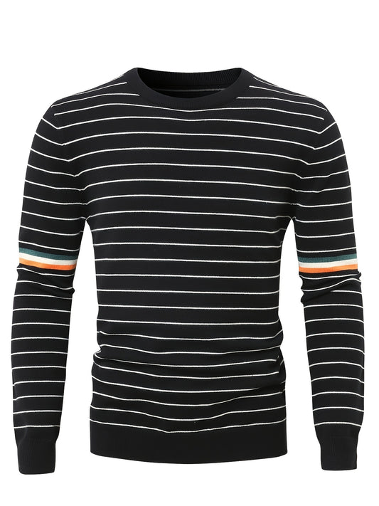 Mens Slim-Fit Striped Knit Crew Neck Sweater - Soft Medium Stretch Polyester Fabric, Casual Long Sleeve Design for Fall Winter - Machine Washable, Easy Care