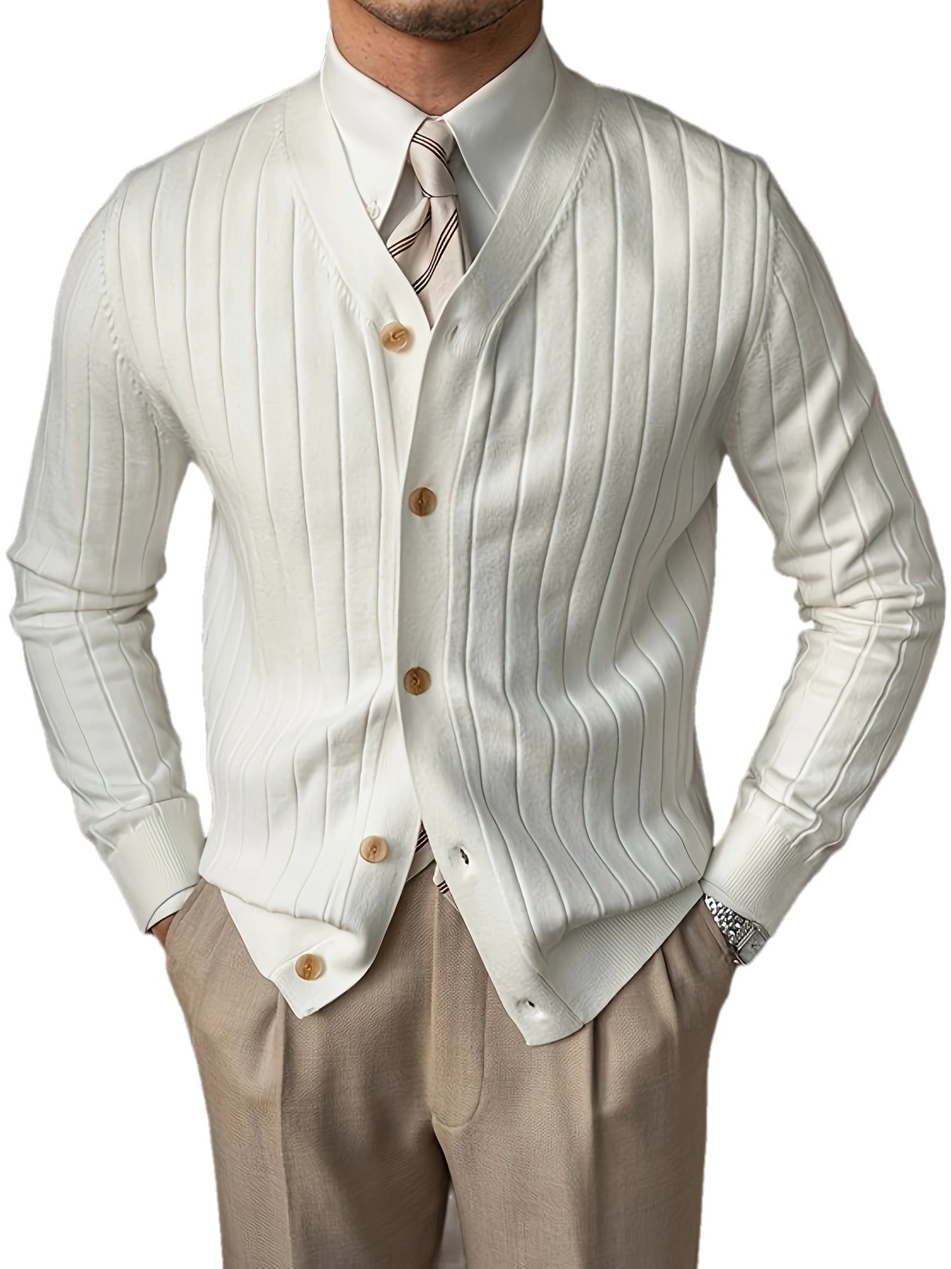 V Neck Button Up Cardigan, Men's Casual Stretch Knitted Sweater For Spring Fall