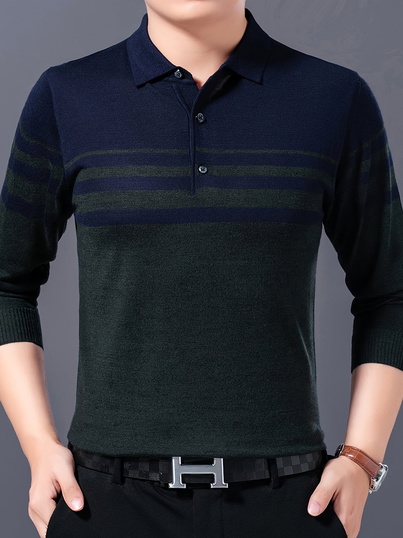 Men's Stylish Striped Sweater, Casual Mid Stretch Breathable Long Sleeve Shirt Top For City Walk Street Hanging