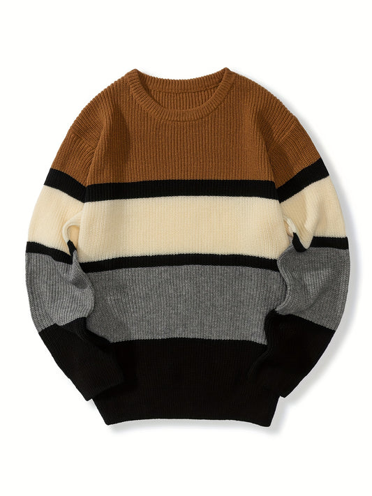 Stylish Plus Size Men's Stripe Knit Pullover Sweater - Long-Sleeved Fashion Sweater for Spring, Autumn, and Winter - Soft, Warm, and Cozy