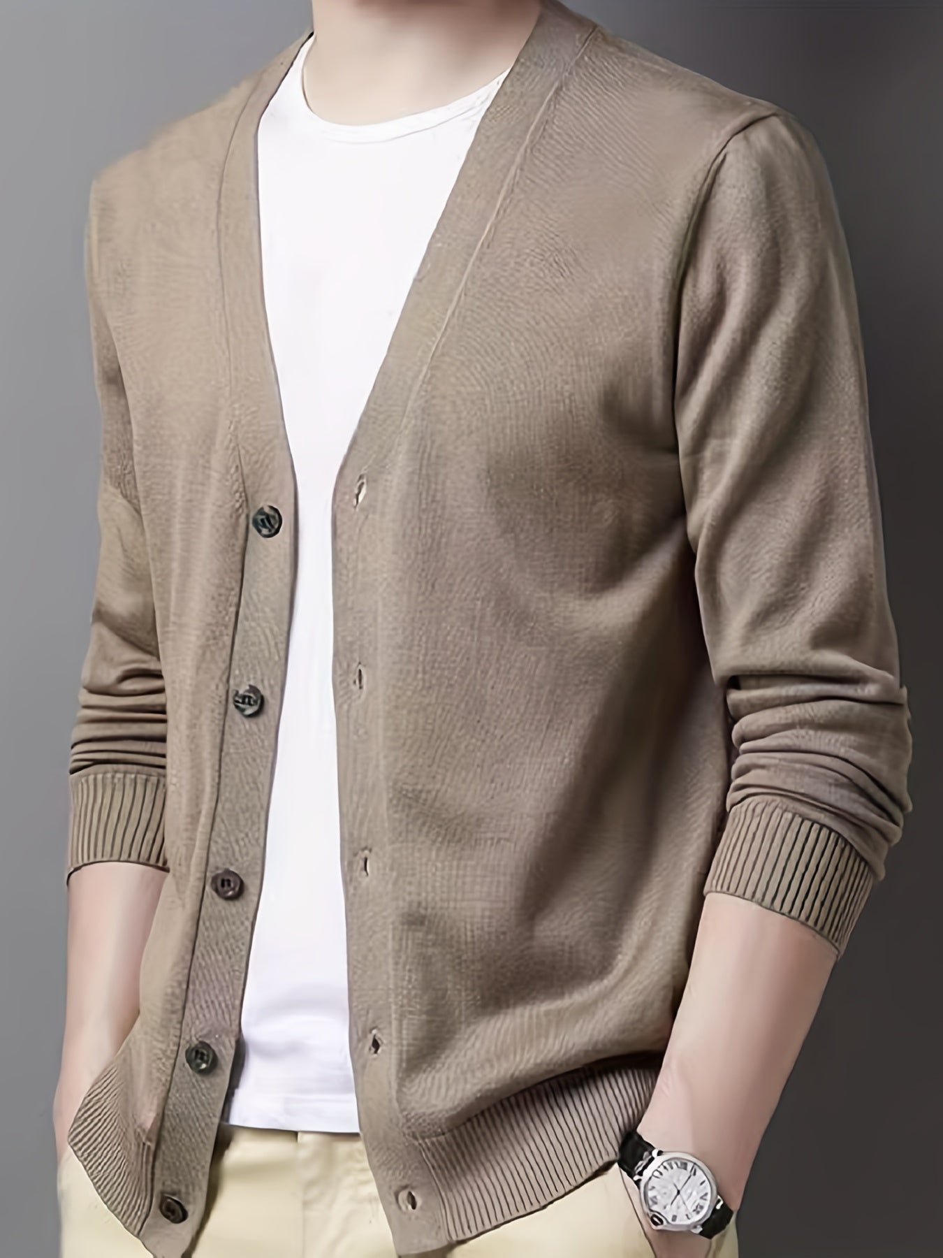 Men's V-neck Casual Cardigan, Plain Thermal Regular Fit Knit Sweater For Spring Autumn