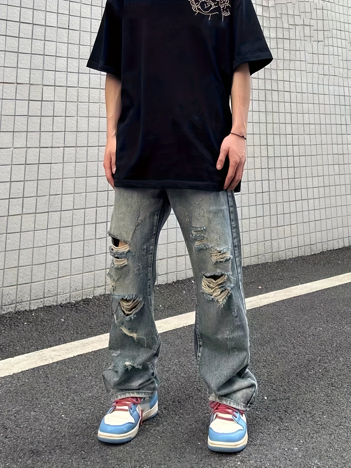 Baggy Ripped Cotton Jeans, Men's Casual Street Style Distressed Denim Pants For Spring Summer K-pop