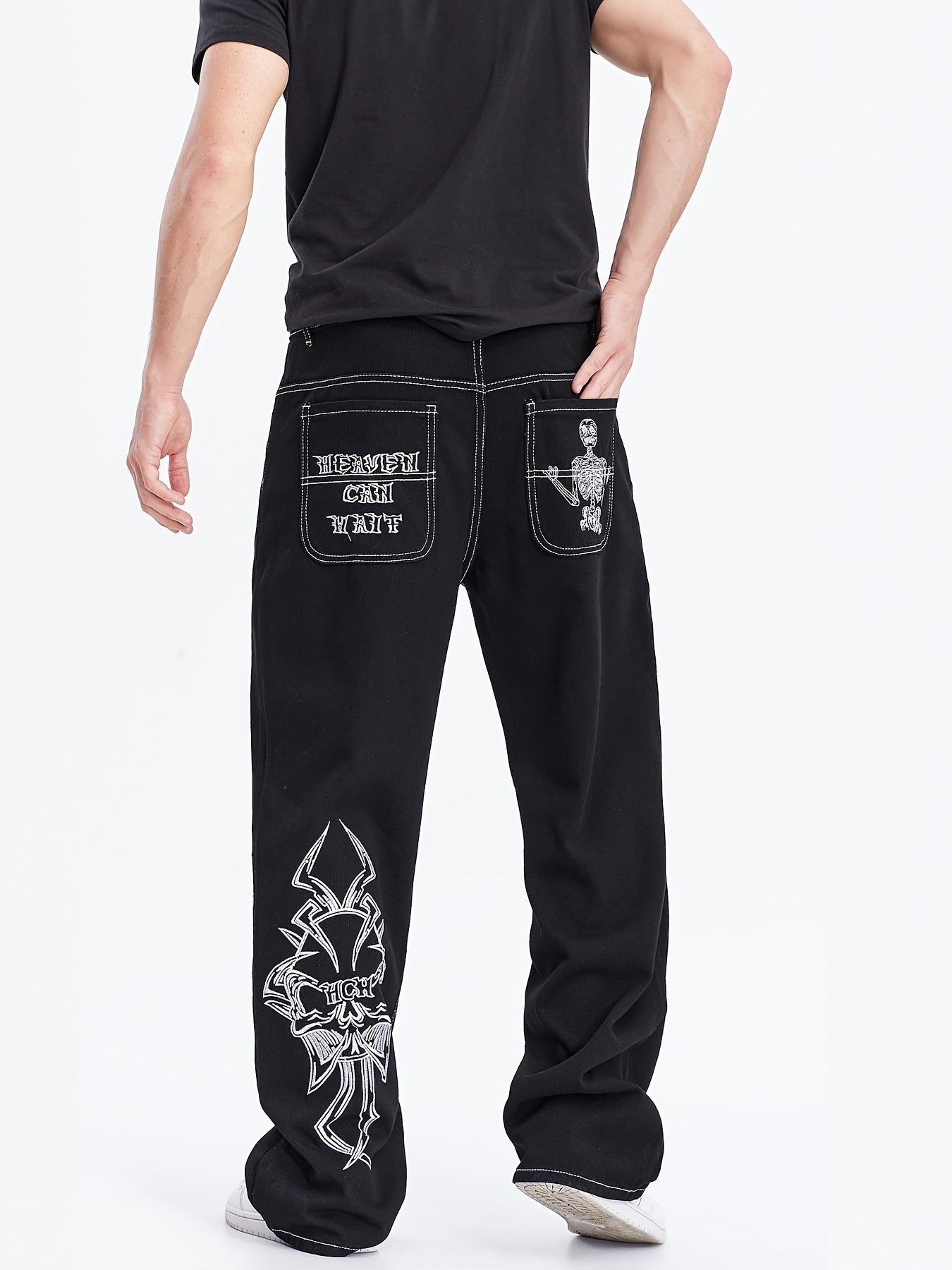 Mens Skeleton Embroidered Jeans - Cotton Blend, Ultra-Loose & Baggy, Pockets, Street Chic Style - A Fashionable Gift for Him