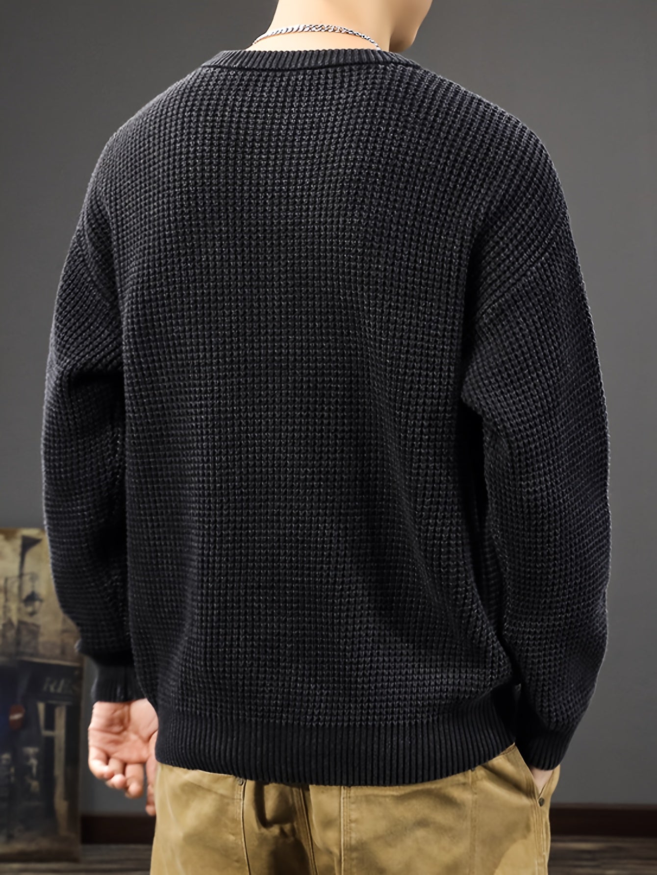 Men's Solid Knitted Pullover, Casual Long Sleeve Crew Neck Sweater For Fall Winter