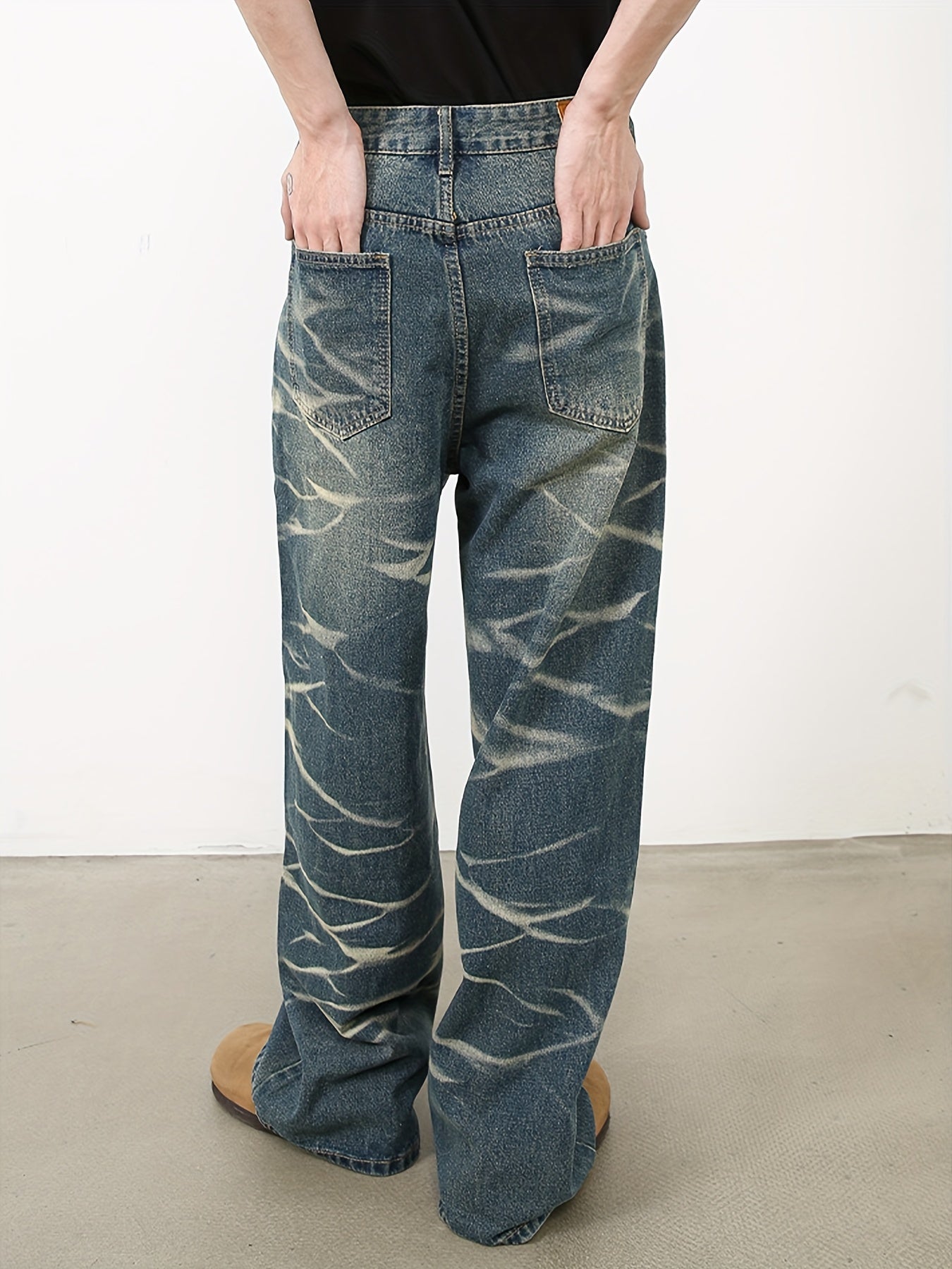 Men's loose fitting straight leg retro design denim street dance party water ripple denim casual pants