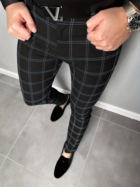 Mens Plaid Slim-Fit Dress Pants - Comfort Stretch, Vintage-Inspired Casual to Business Attire