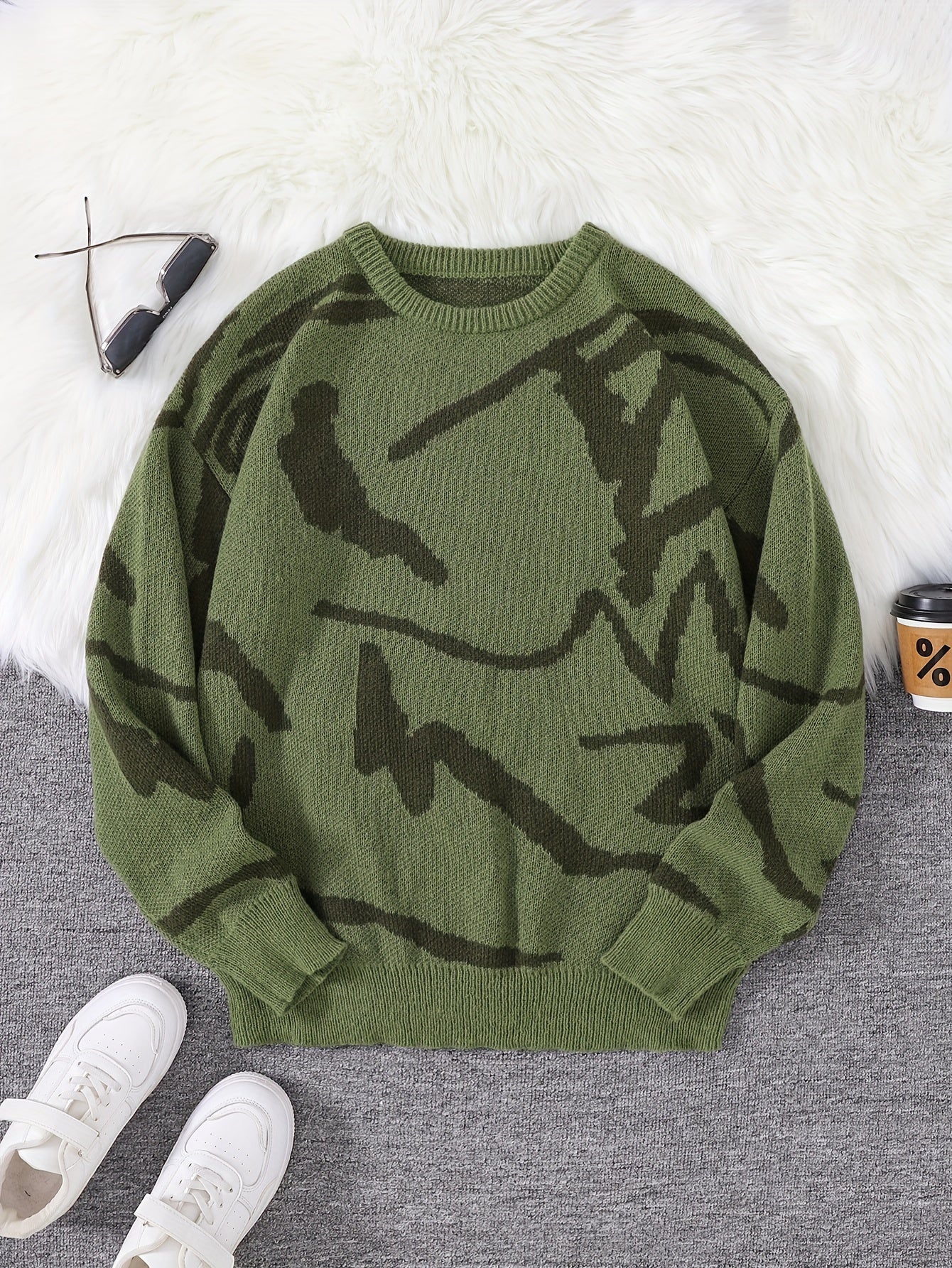 Chic Design Men's Graffiti Style Graphic Pattern Crew Neck Long Sleeve Knit Sweater, Casual And Trendy Tops For Spring And Autumn Daily Wear